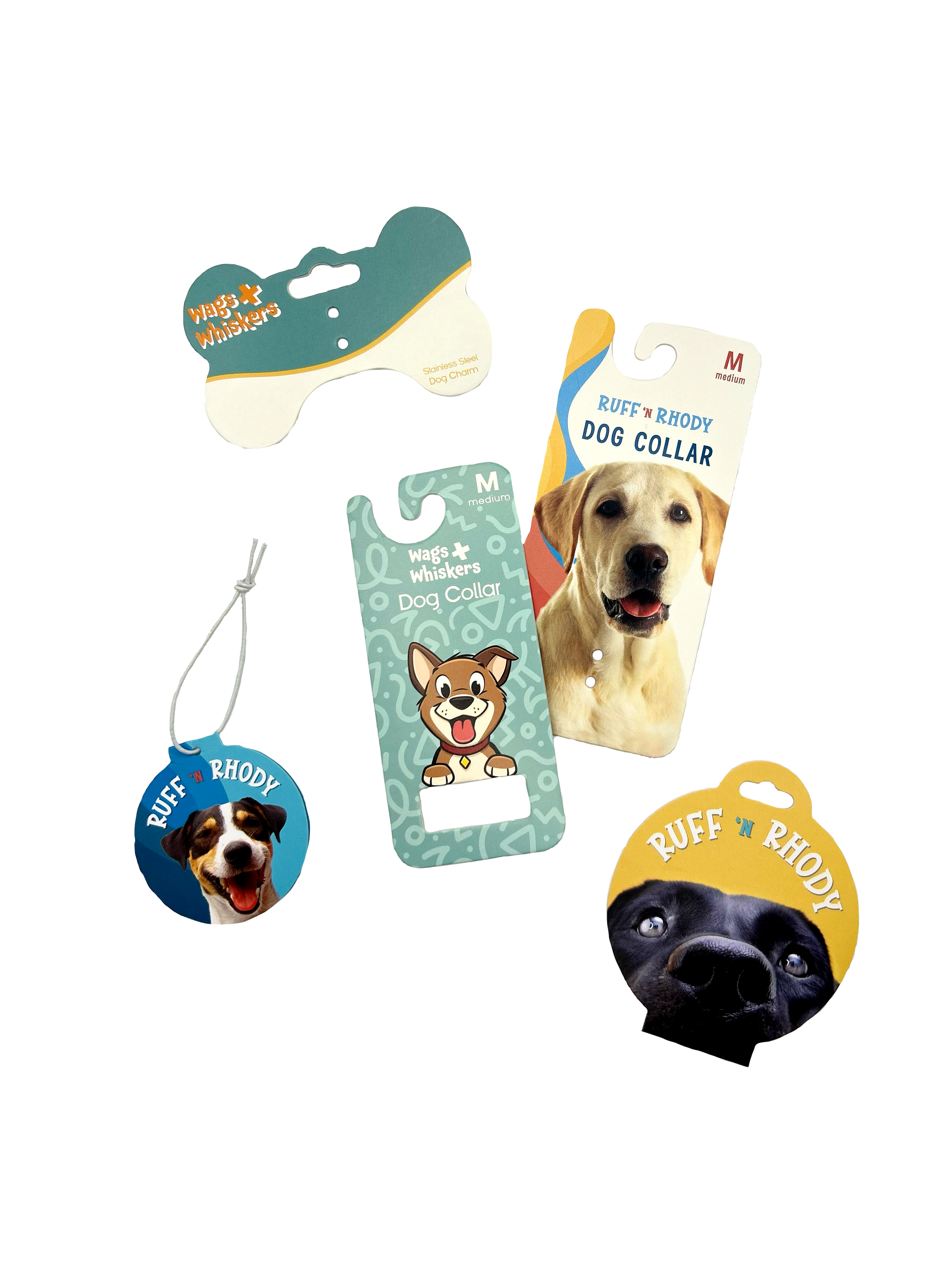 Variety of dog collars and tags featuring different breeds and designs, including a photo of a Labrador, a dog with a cartoon face, and a black dog with blue eyes.