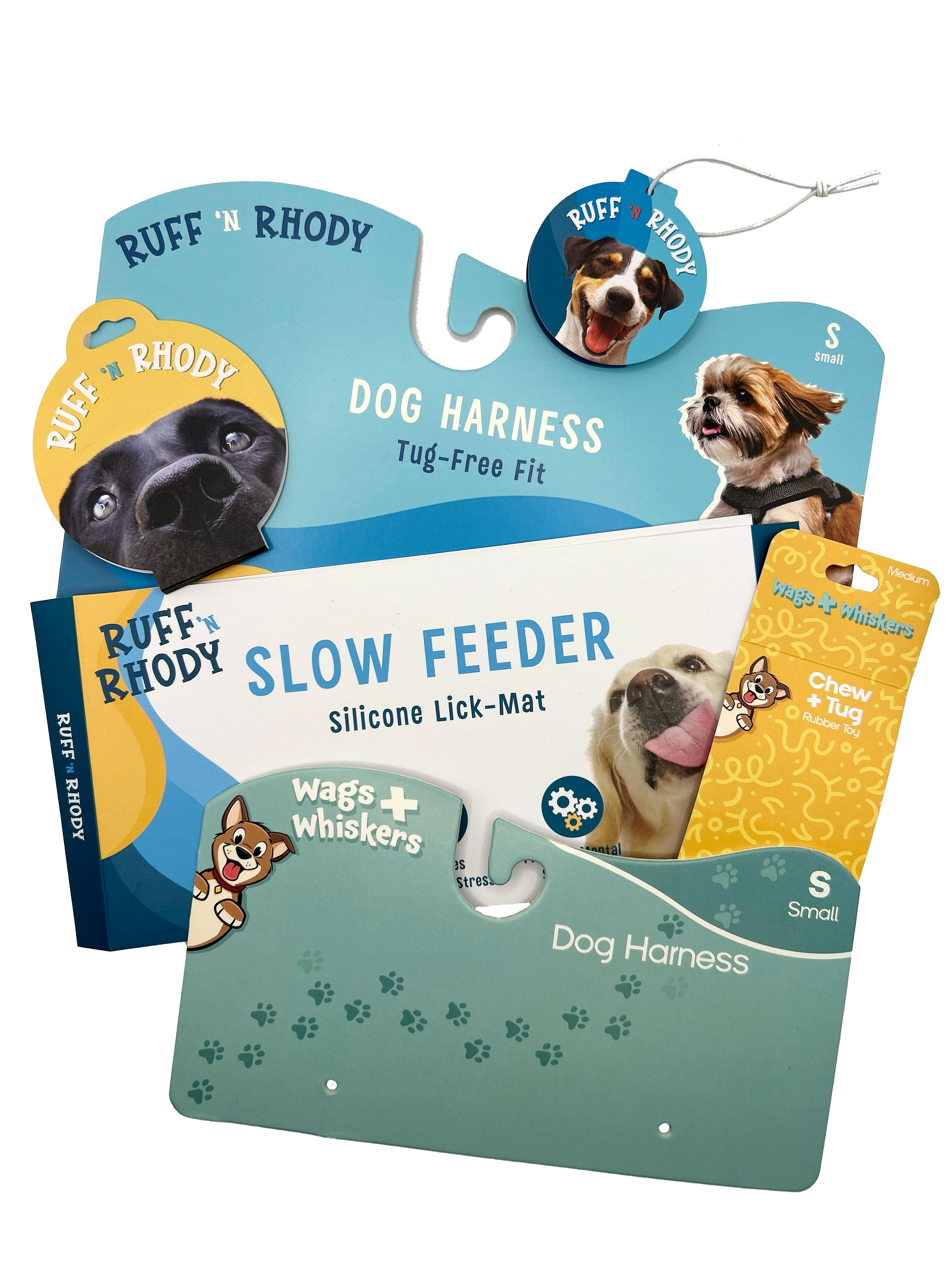 Dog harnesses and related accessories, including a silicone lick-mat, chew and tug toy, and tags, all from the Ruff 'n Rhody brand for small dogs, pet product packaging 