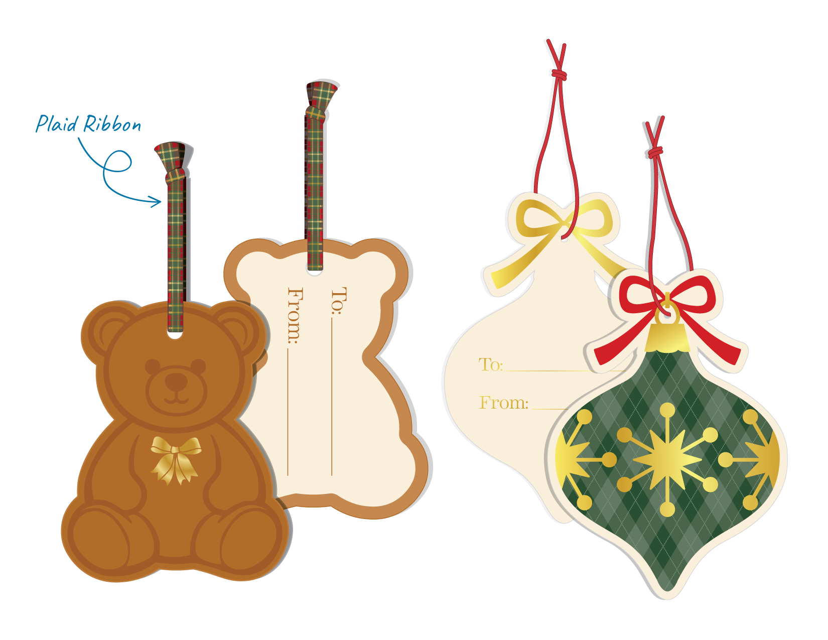Three Christmas cookie tags with ribbon bows and holiday designs, including a teddy bear, a gift-shaped tag, and a Christmas ornament shape, all with holiday colors and patterns.