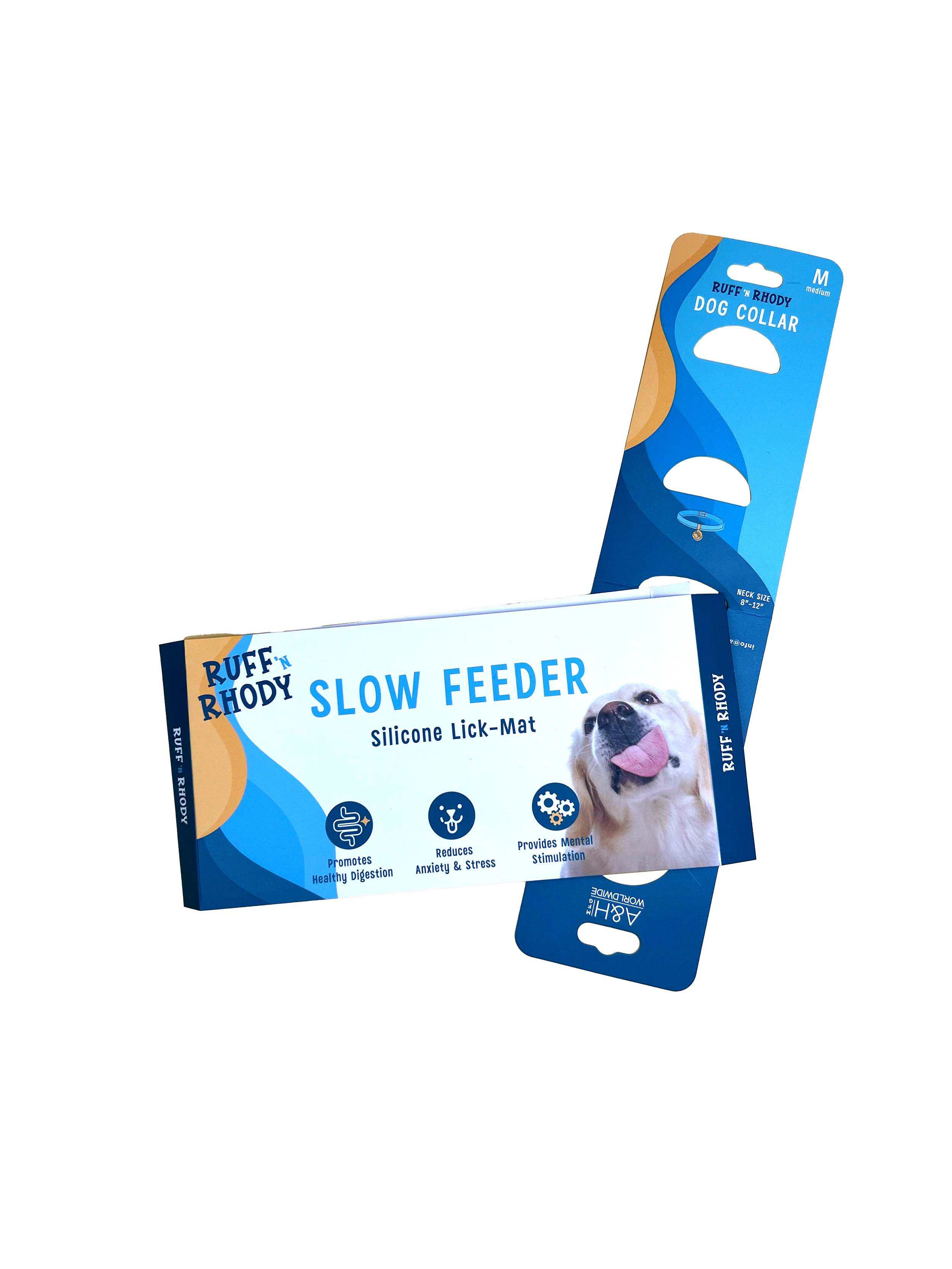 Packaging for Ruff Rhody Slow Feeder Silicone Lick-Mat, featuring a happy dog with its tongue out, promoting healthy digestion, reduced anxiety and stress, and mental stimulation, pet product packaging