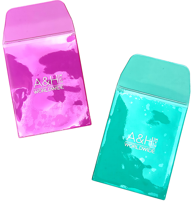 Two colorful vinyl pouches jewelry and accessories one pink and one turquoise, with the text "A&H Worldwide" on each, set against a pink and gray background.
