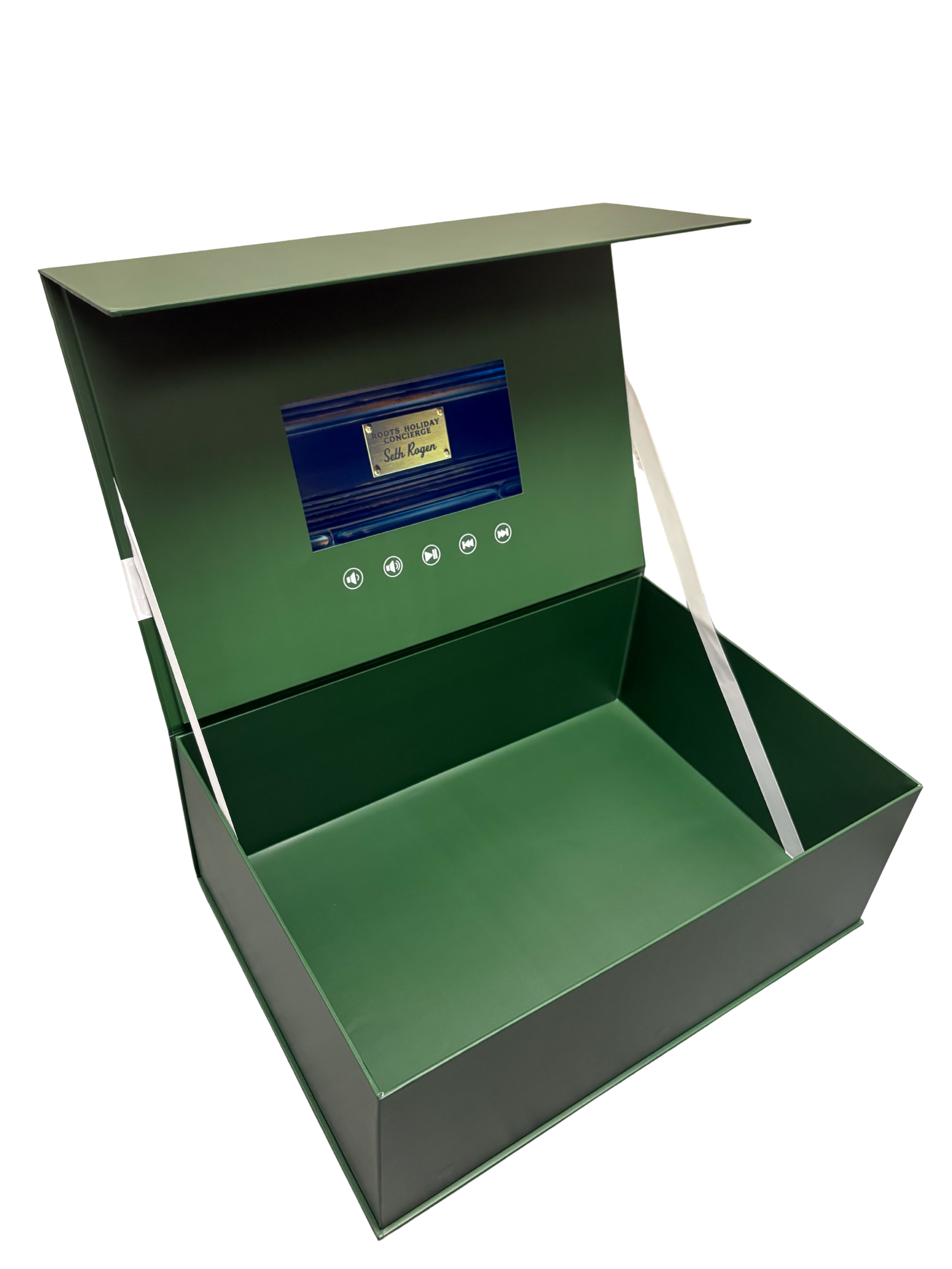 Green and black promotional box with a screen and control buttons inside.  influencer boxes A&H packaging video boxes roots collaboration