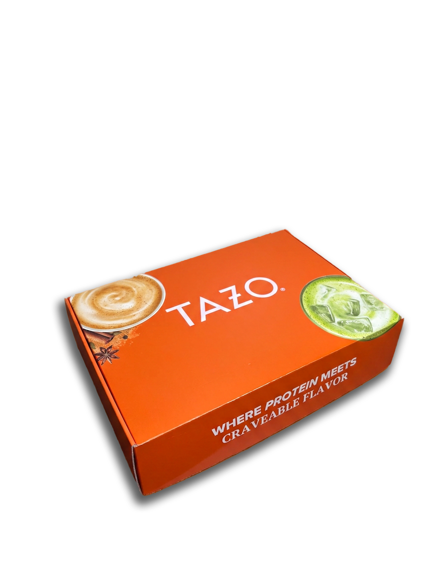 Orange TAZO box with images of a latte and green iced beverage, and the text "WHERE PROTEIN MEETS CRAVEABLE FLAVOR."  influencer boxes A&H packaging