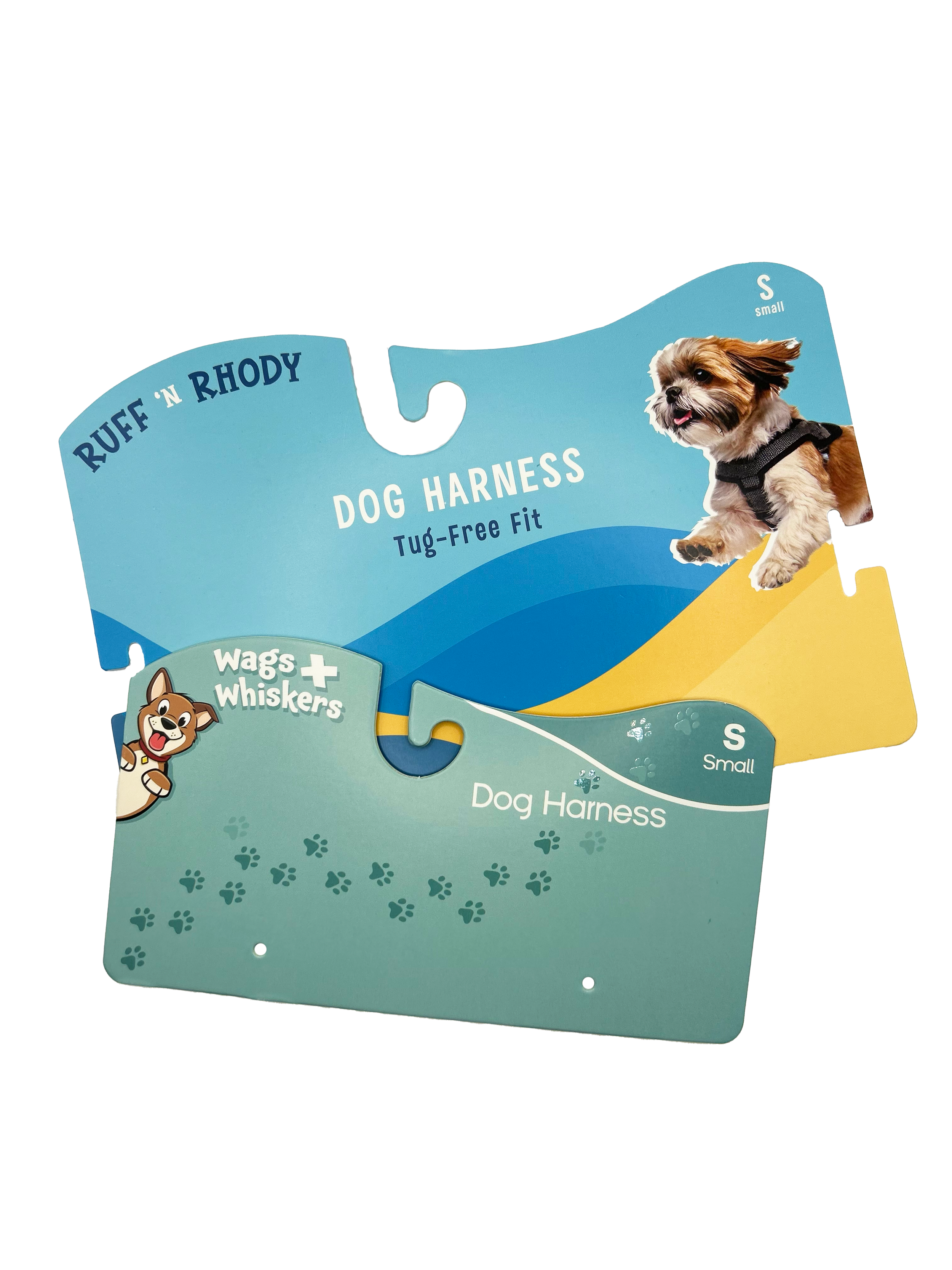 Two cardboard tags for dog harnesses, one labeled 'Ruff 'N Rhody' and the other 'Wags Whiskers', both size small, with images of dogs on them, pet product packaging board card packaging accessories 
