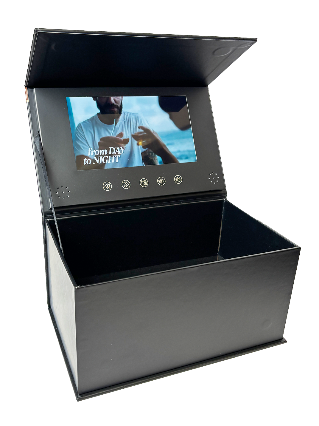 A black jewelry box with an open lid, featuring a built-in digital screen influencer boxes video boxes A&H packaging