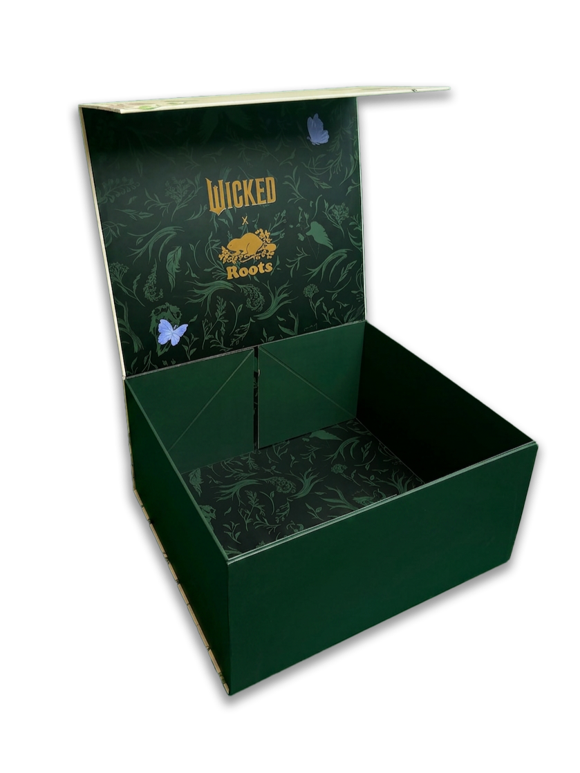 Open green box with floral interior and 'Wicked Roots' logo and butterflies on inside lid.  influencer boxes A&H packaging
