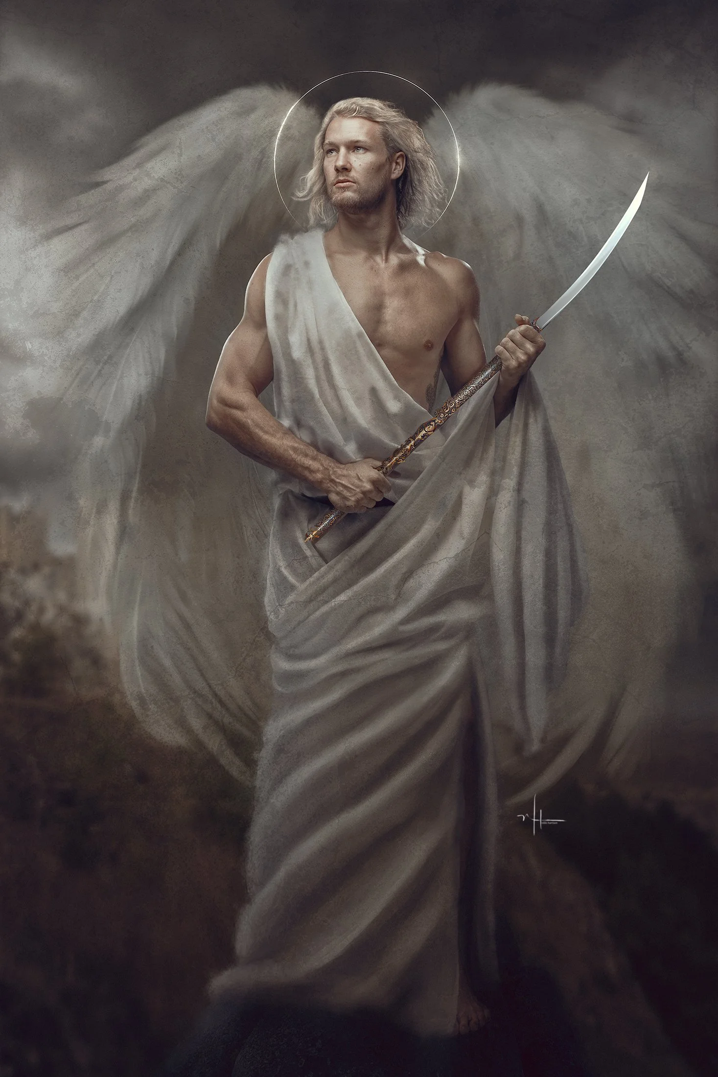 Digital art of a man with long, tousled gray hair, clad in a white draped fabric, holding a curved sword, with large white angel wings and a glowing halo behind him, set against a dark, cloudy background.