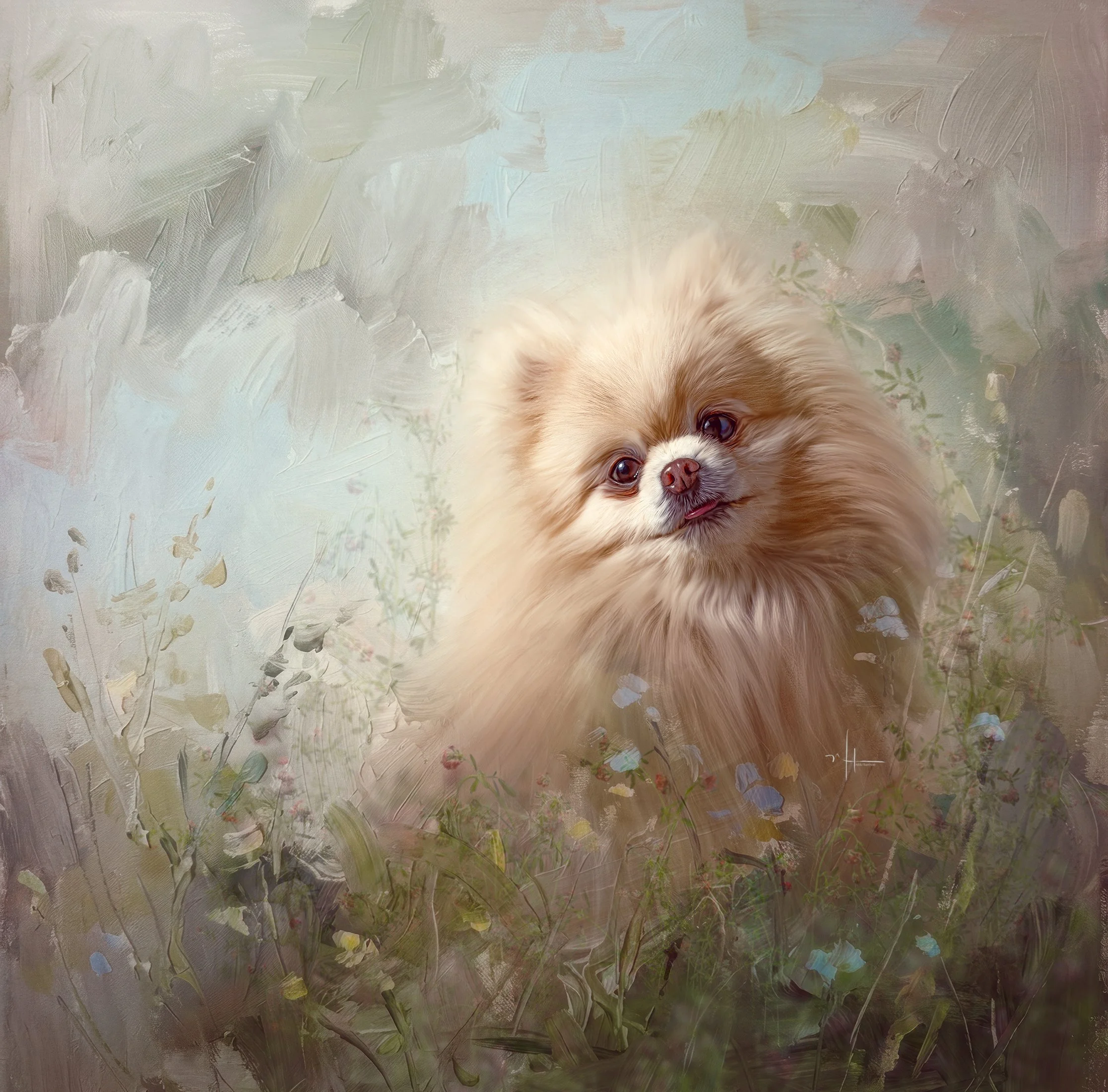 A painting of a small dog with light brown and white fur, looking upward with a slightly open mouth, set against an abstract background of pastel colors and textured brushstrokes.