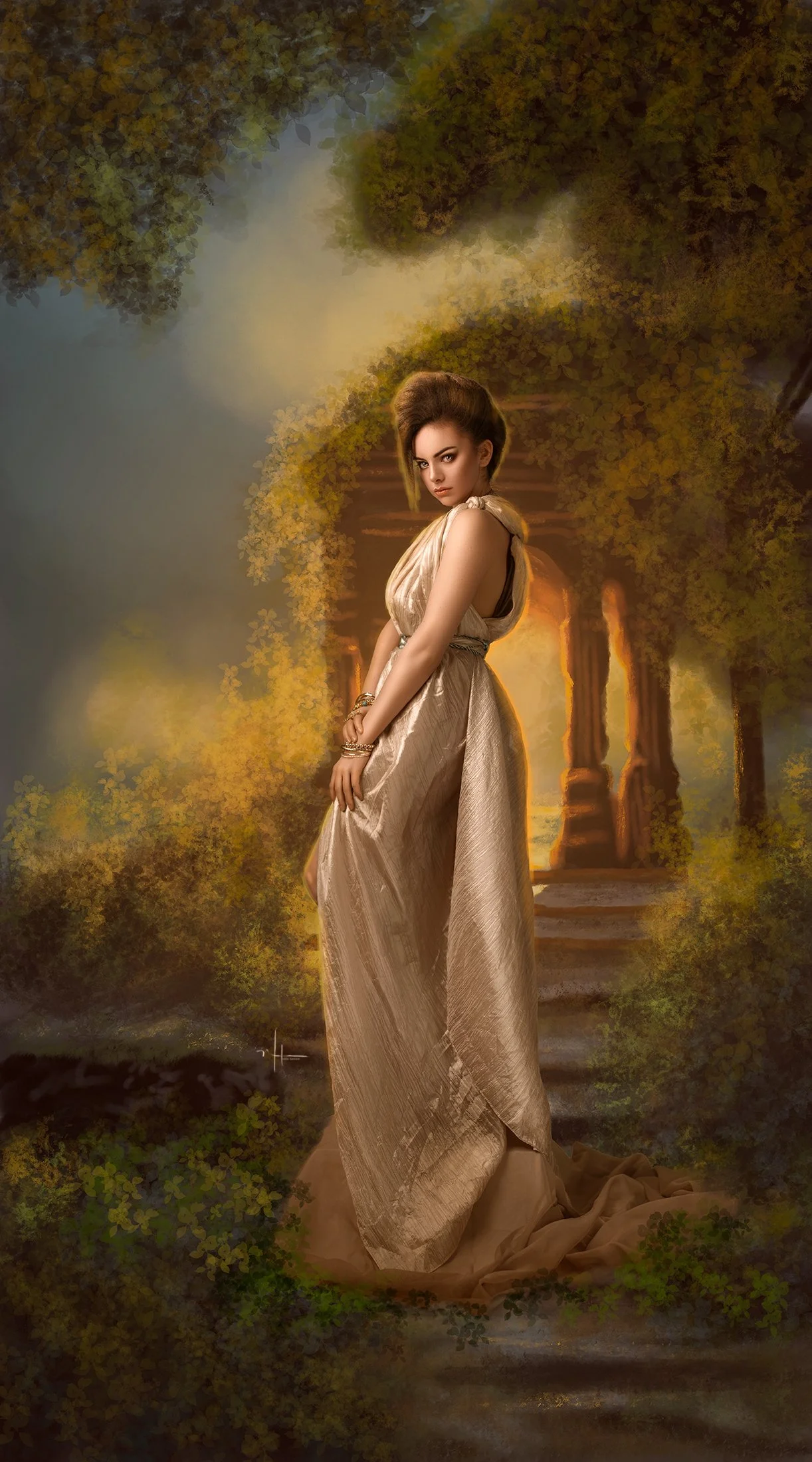 Digital art of a woman with long brown hair sitting on a red surface, wearing lace dress and red hood, with a red textured background.