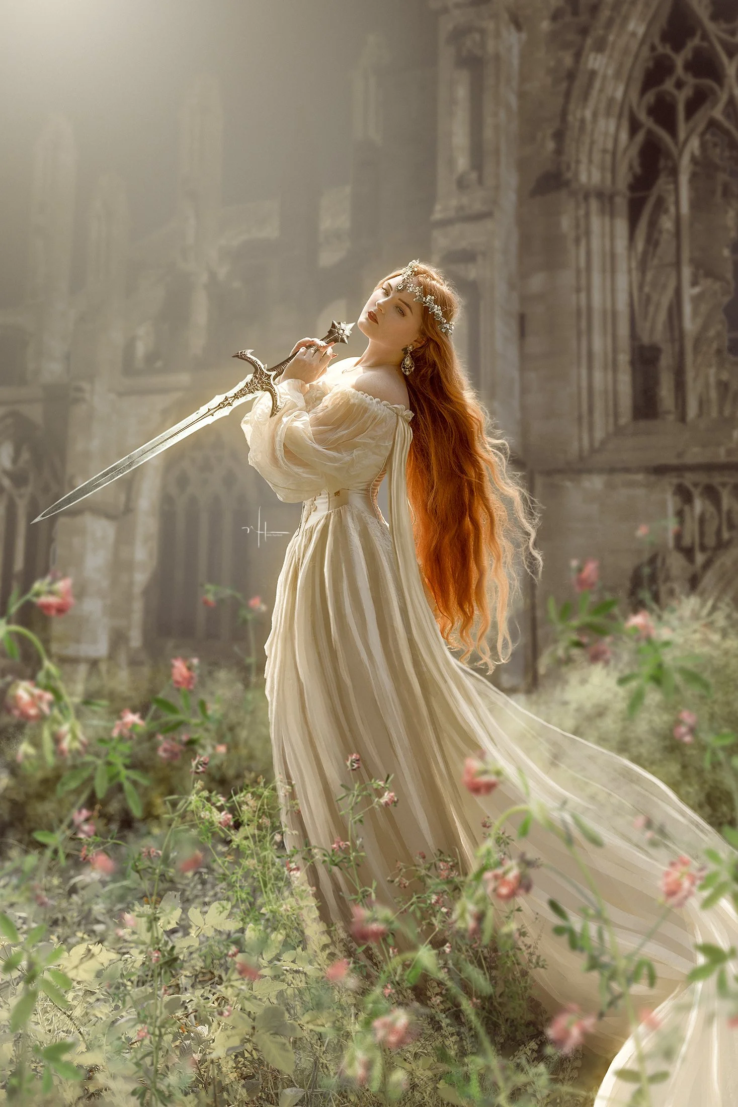 A woman dressed in a flowing cream-colored gown holding a sword with a star-shaped hilt, standing in a field of pink flowers in front of a ruined Gothic-style building.