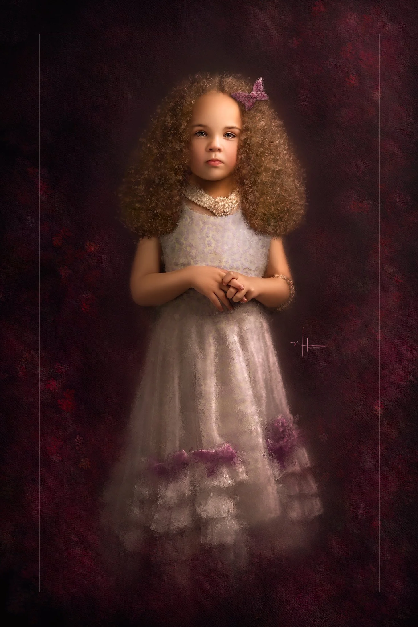 Portrait of a young girl with curly hair, wearing a dress with a floral pattern and a bow in her hair, standing against a dark, textured red background.