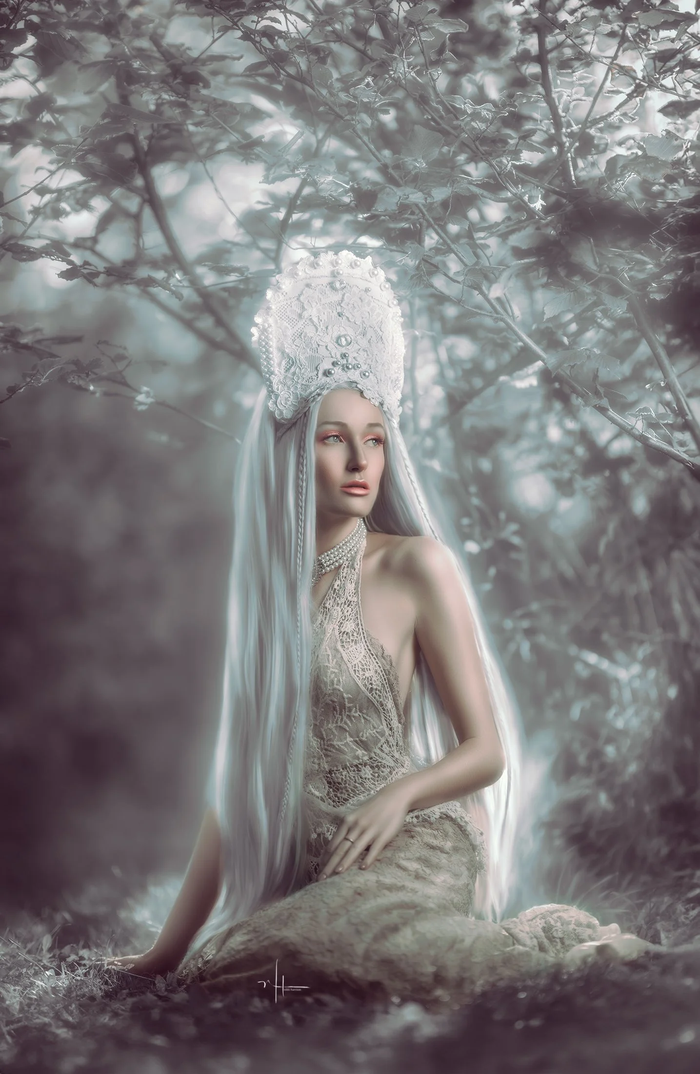 A woman dressed in vintage white and beige lace gown with long silver hair sits on the ground in a misty, wooded area. She wears an elaborate white lace headdress decorated with pearls and embroidery, and a pearl necklace. The background features lea
