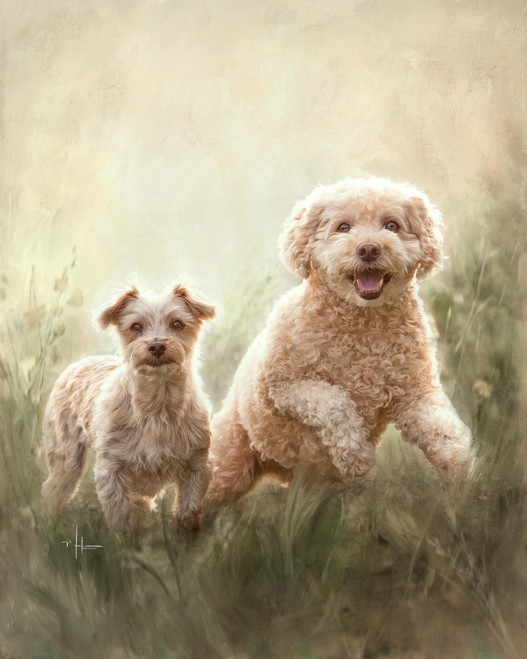 Two dogs standing on grass in a field with blurred grass and trees in the background.