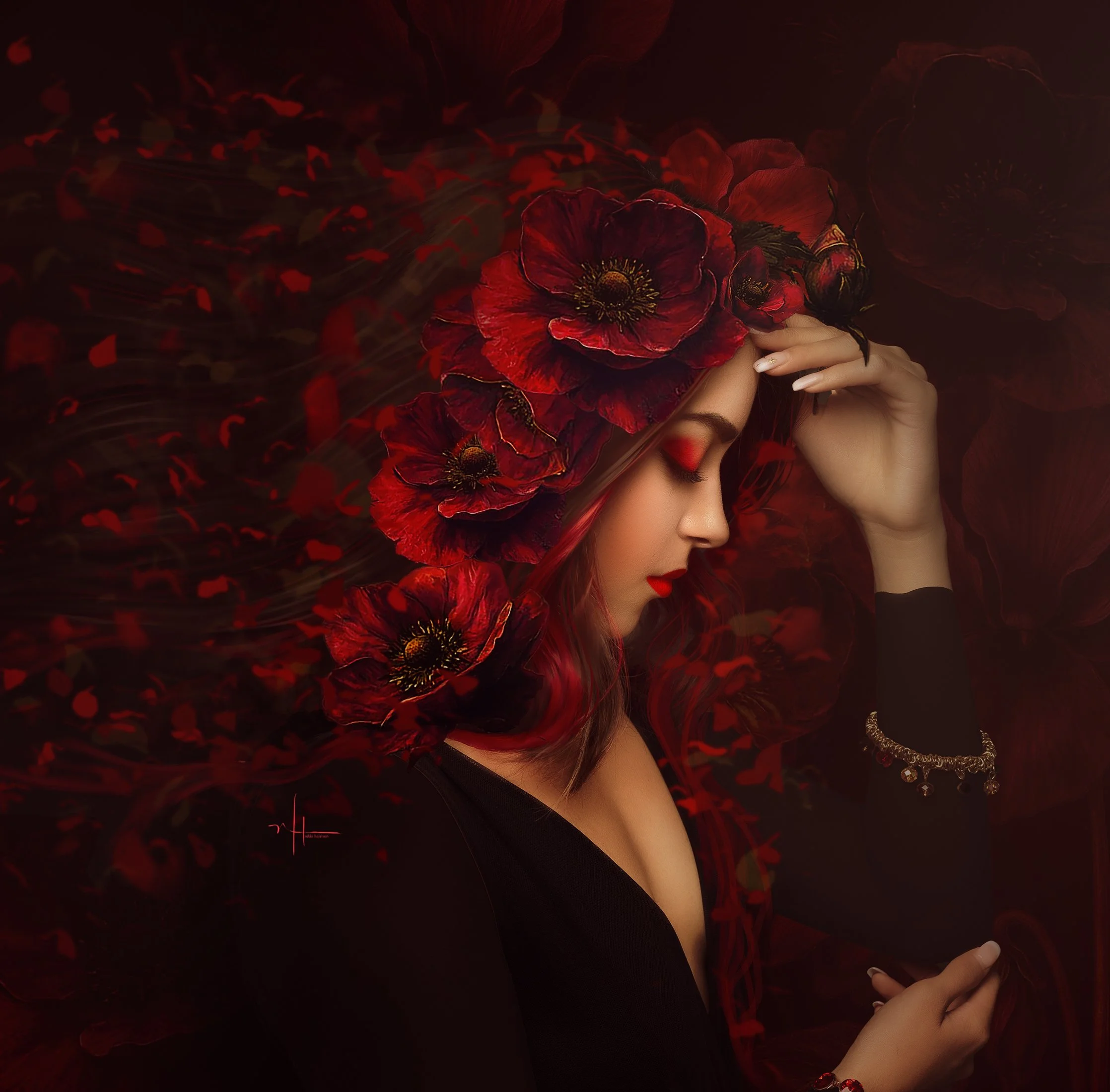 A woman with red hair and red lipstick wearing a black dress, surrounded by red flowers, with some flowers forming a hat on her head.