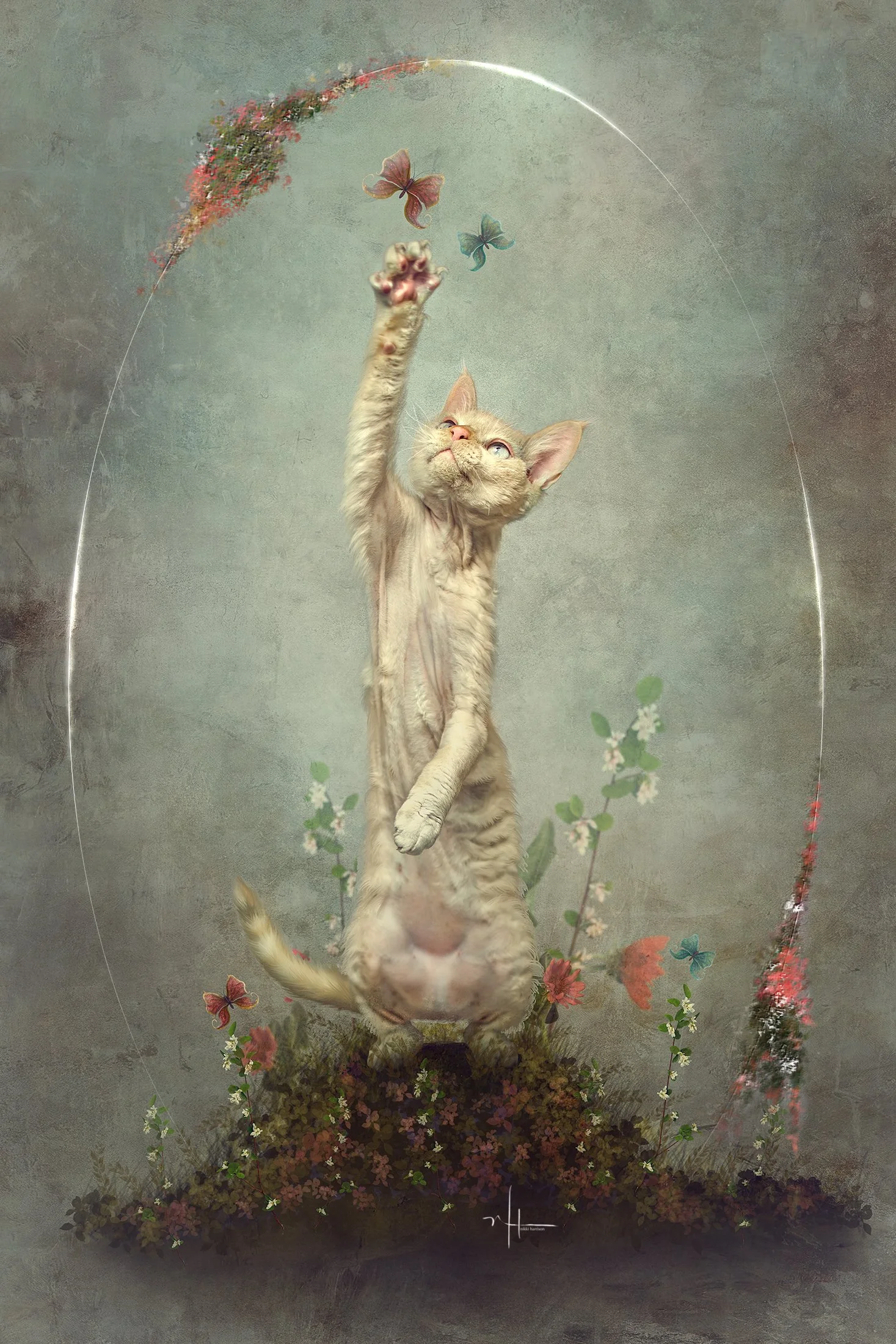 A cat with light fur reaching upwards with one paw near butterflies and flowers, with a gray textured background.