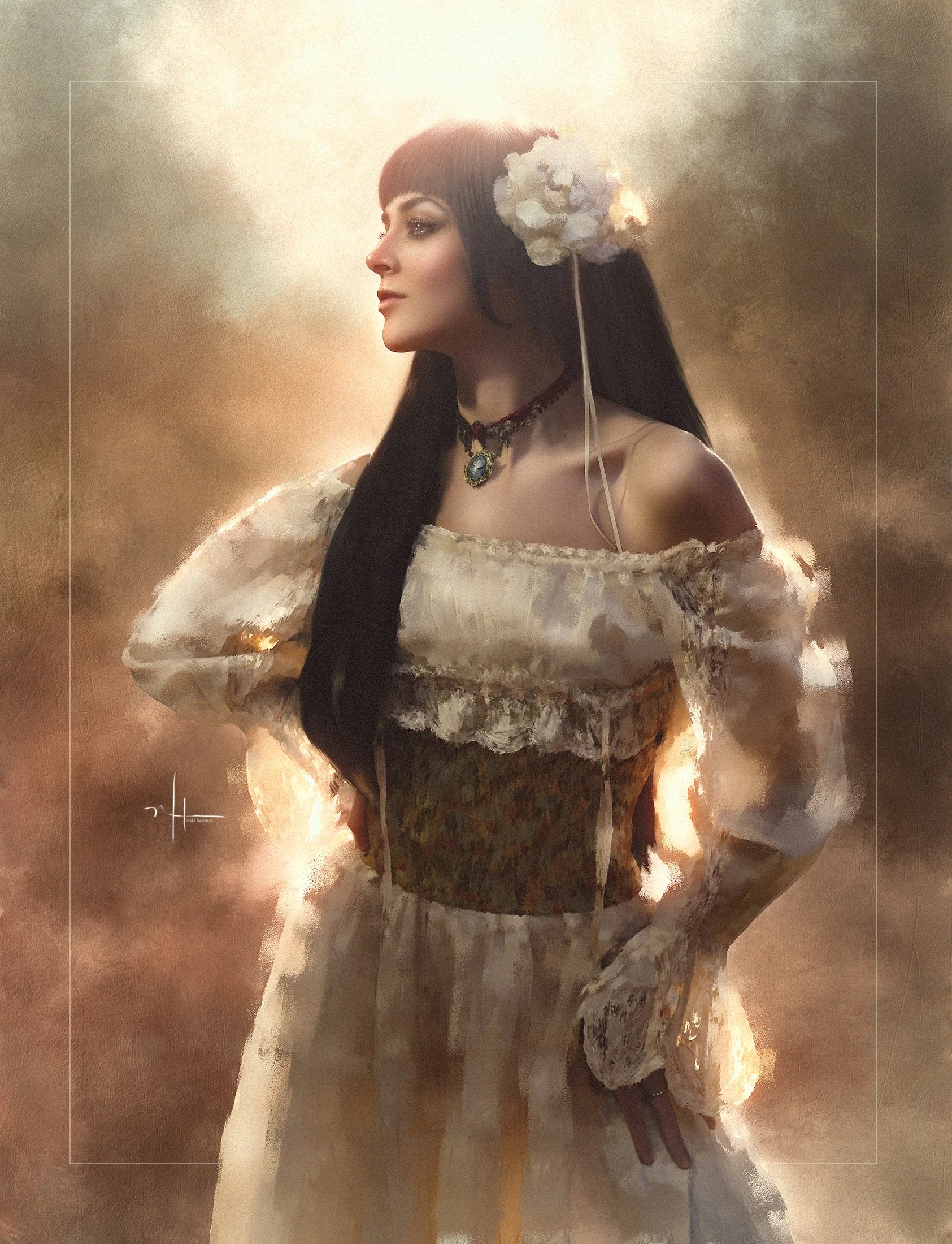 A woman with long black hair and a floral headpiece, wearing an ornate dress and a gemstone necklace, stands against a warm, textured background.