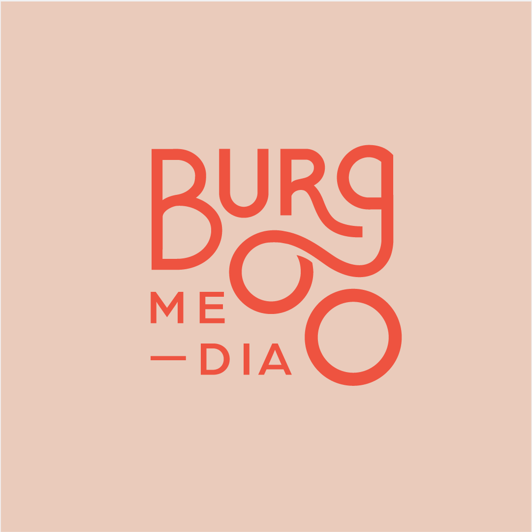 Stylized text design with the words "Burger Me Dia" in red letters on a light pink background.