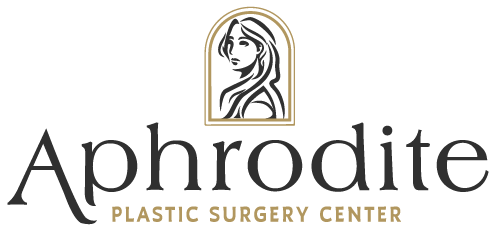 A logo for Aphrodite Plastic Surgery Center featuring a profile of a woman's face within an arched frame.