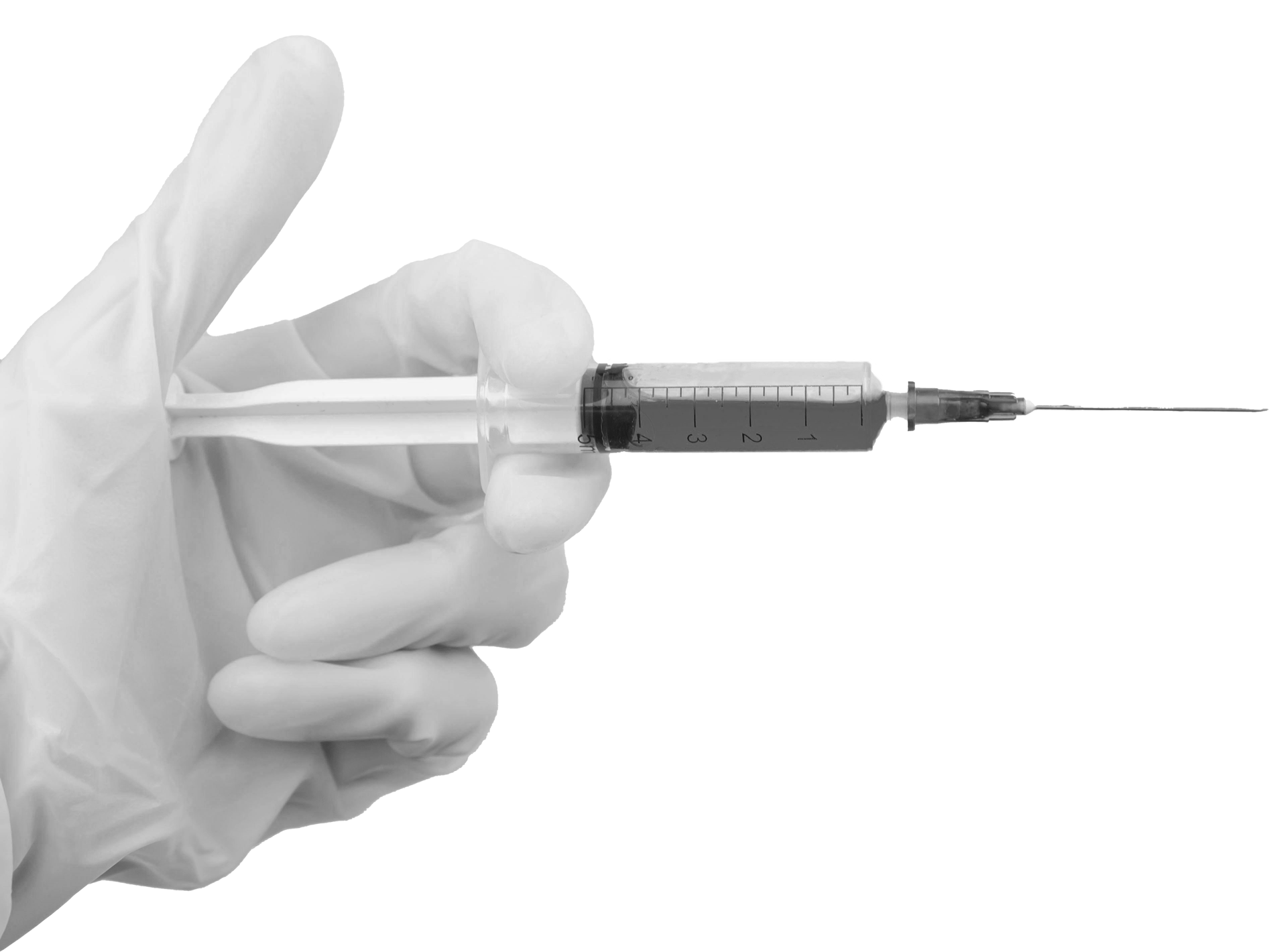 A hand wearing a white medical glove holding a syringe filled with a dark liquid.