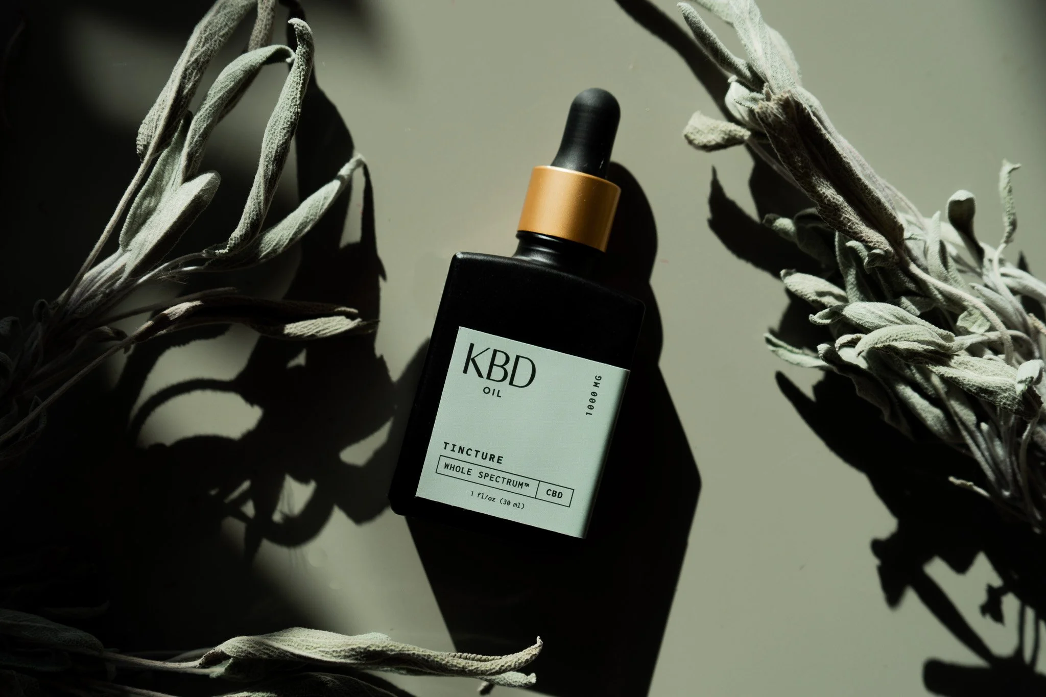 A dark bottle with a pump labeled 'KBD Oil' surrounded by dried leaves cast shadows on a light background.