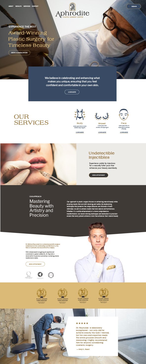 Homepage of Aphrodite Plastic Surgery Center, featuring images of a surgeon, a woman receiving lip injections, a man with a confident pose, and a patient review. The site highlights services like body, breast, and face enhancements, and emphasizes artistry and precision in cosmetic procedures.