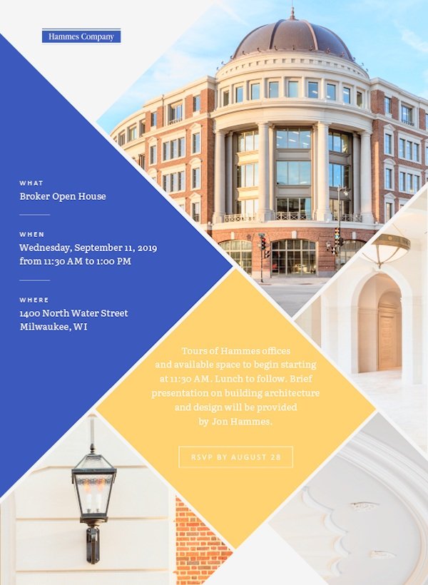Invitation to a broker open house event at the Hammes Company, scheduled for Wednesday, September 11, 2019, from 11:30 AM to 1:00 PM at 1400 North Water Street, Milwaukee, WI, featuring office tours, space availability, and a brief presentation by Jon Hammes.