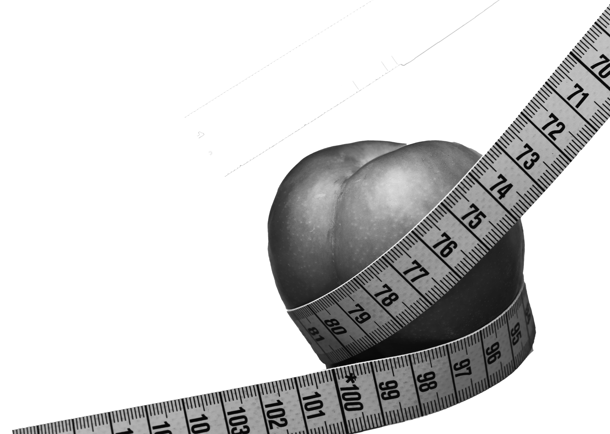 A black and white photo of a red apple with a measuring tape wrapped around it, emphasizing its size.