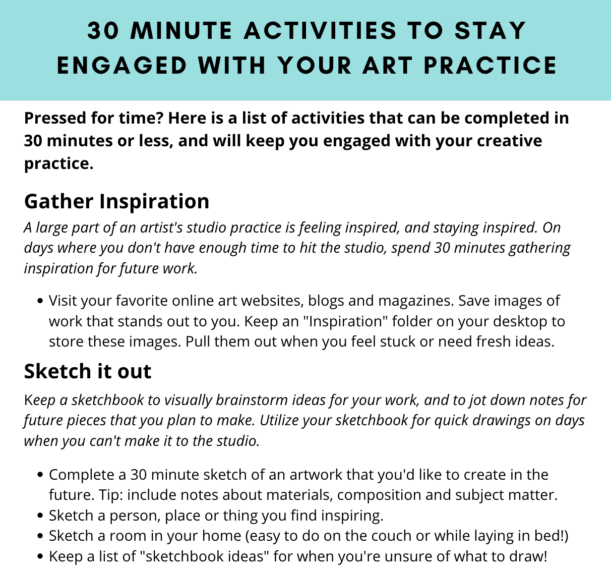 FREE 30 Minute Art Activities to Stay Engaged With Your Practice, All Ages