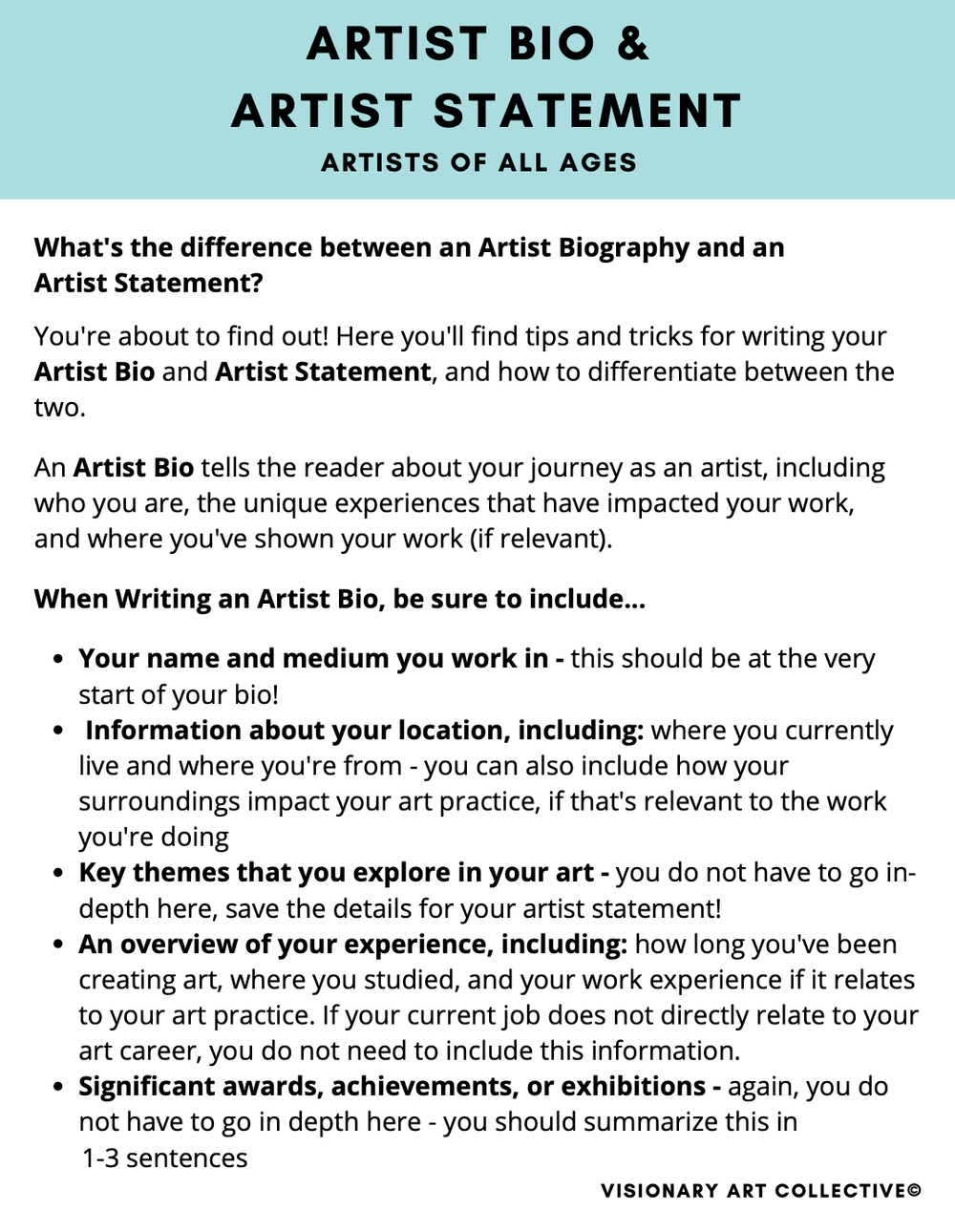 Free How To Write An Artist Bio & Statement, All Ages — Visionary Art  Collective
