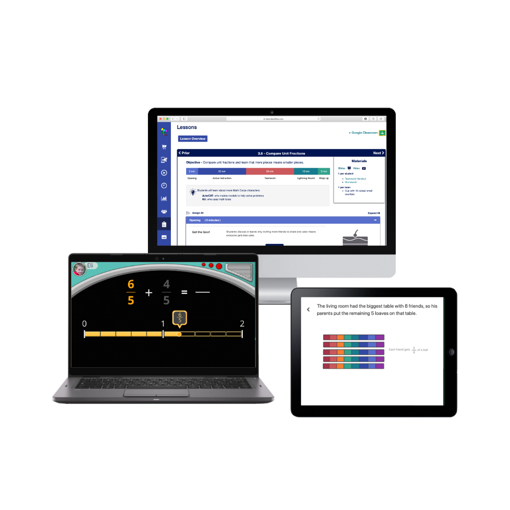 Collection of Fractions Boost Intervention images, including lesson dashboard, Fractions Boost game on iPad, and problem solving modeling software