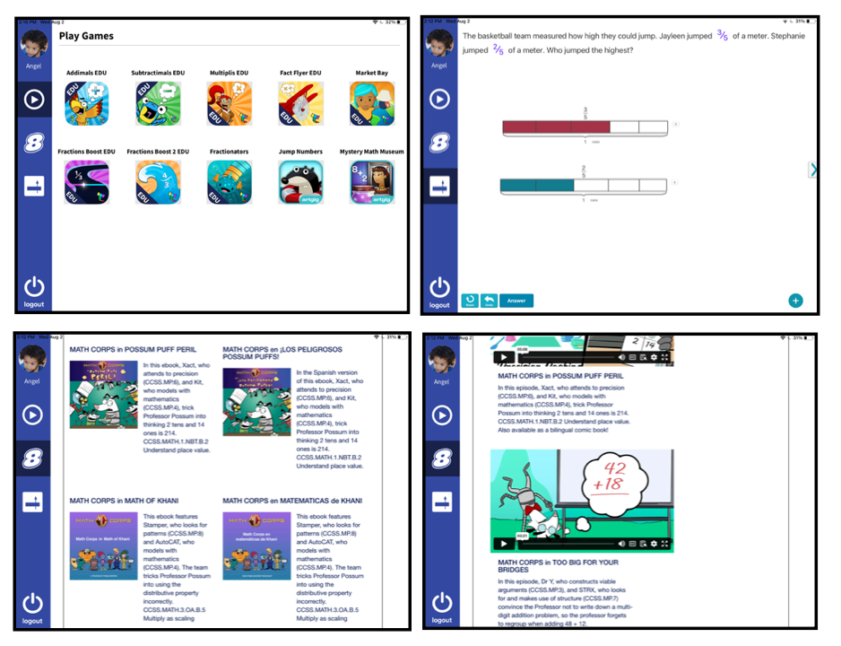 Images of child logged into the Teachley Connect app. Top left: Teachley and Teachley-Partner game icons. Top right: Fractions word problem and models made with number bars. Bottom left: Math Corps e-Books. Bottom Right: Math Corps video