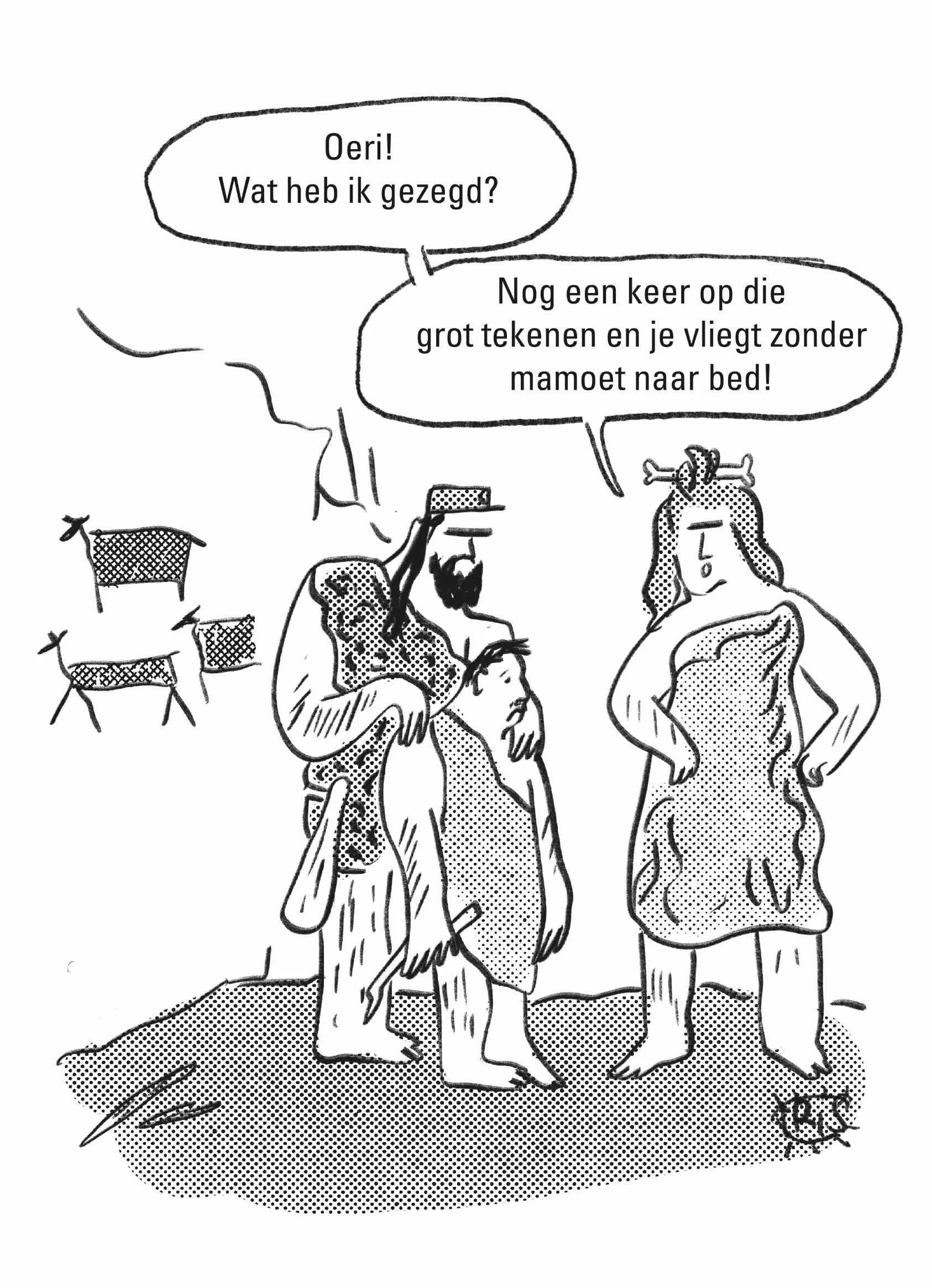 oermens jongen heeft op de muur van een grot getekend en moet zonder mammoet naar bed