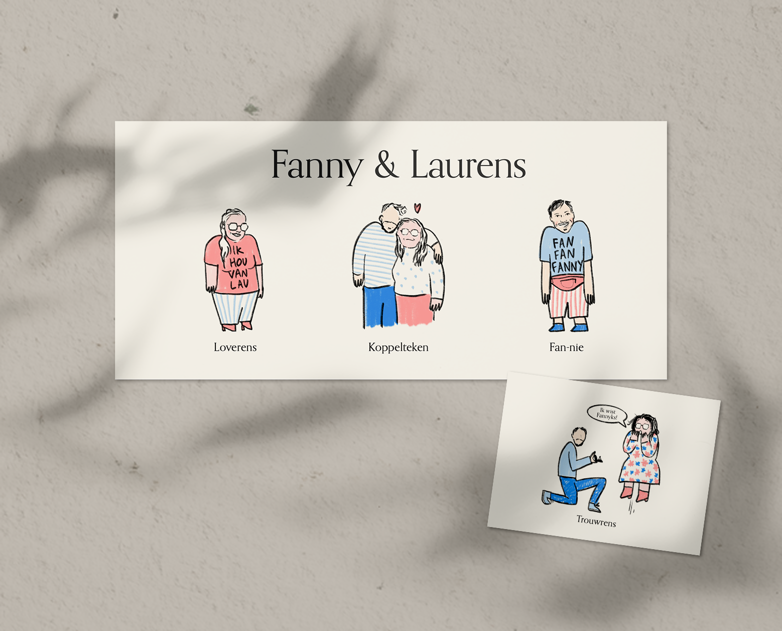 Trouwkaartje voor Fanny en Laurens met woordgrapjes en tekeningen