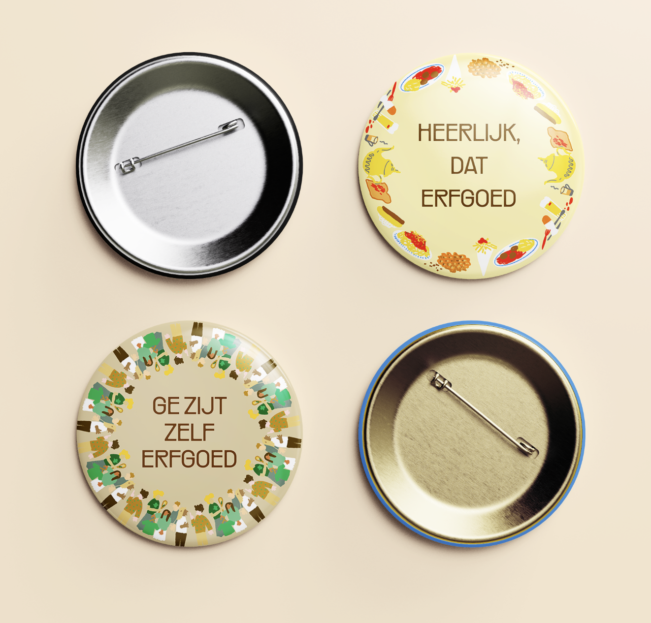 buttons voor erfgoeddag over eetbaar erfgoed en mensen als erfgoed