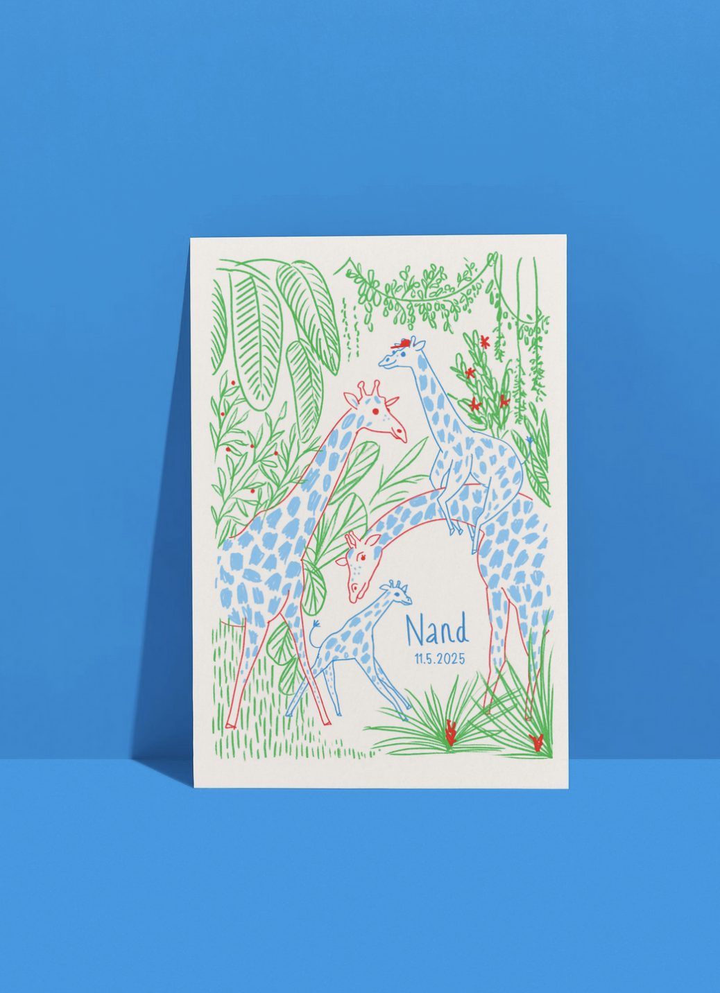 een geboortekaartje voor Nand met verschillende giraffes