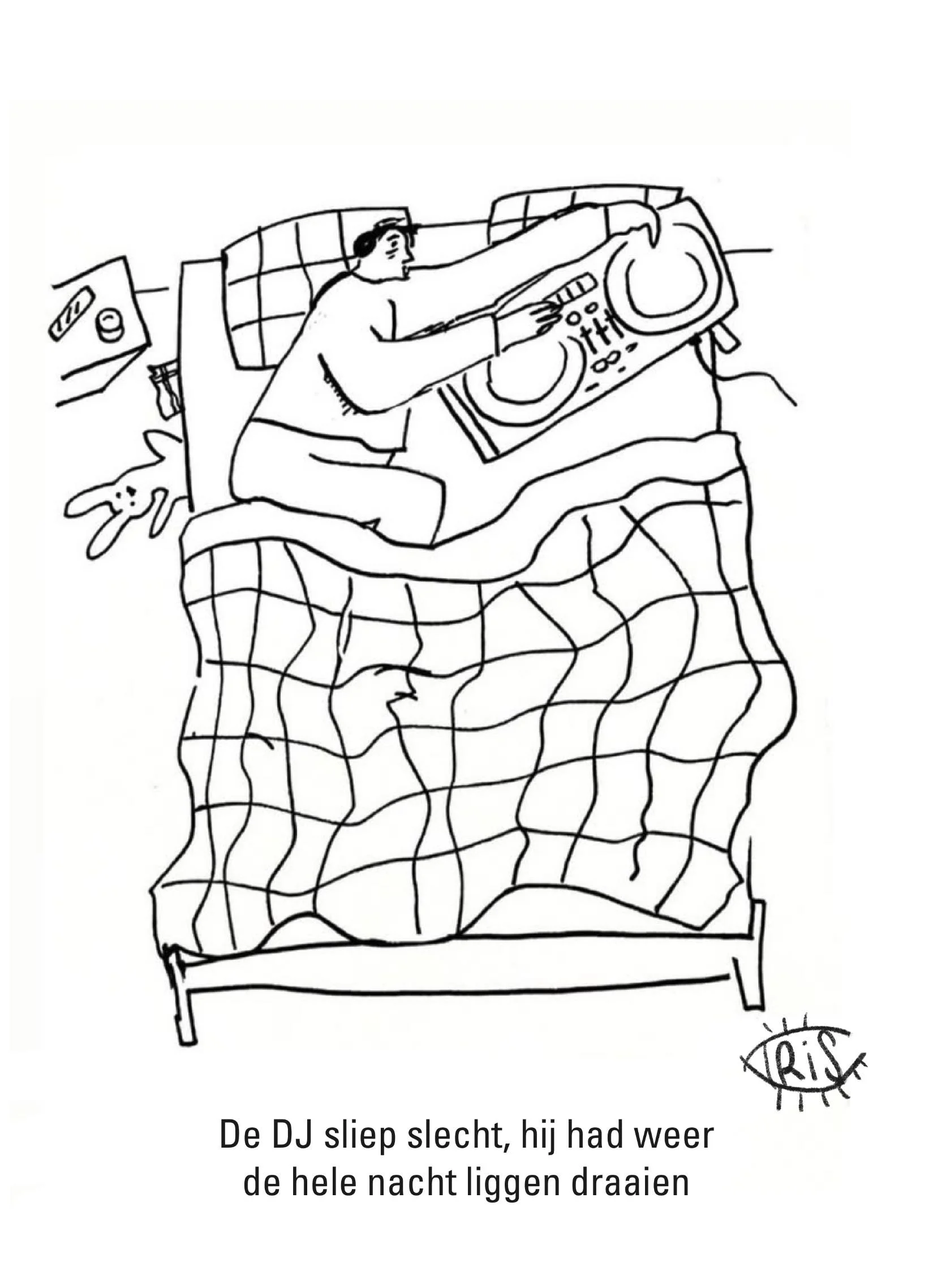 Cartoon over een dj die slaapt slecht want lag te draaien