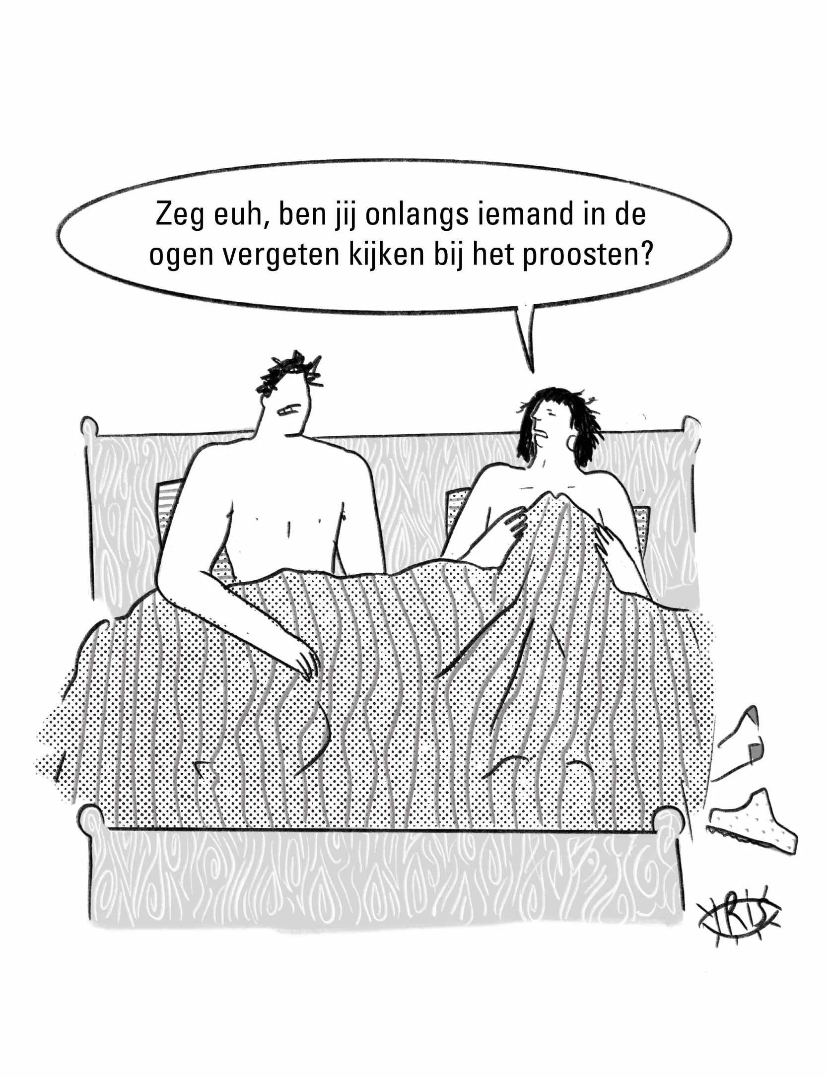 twee mensen in bed, vrouw en man, vraagt of de man vergat te proosten