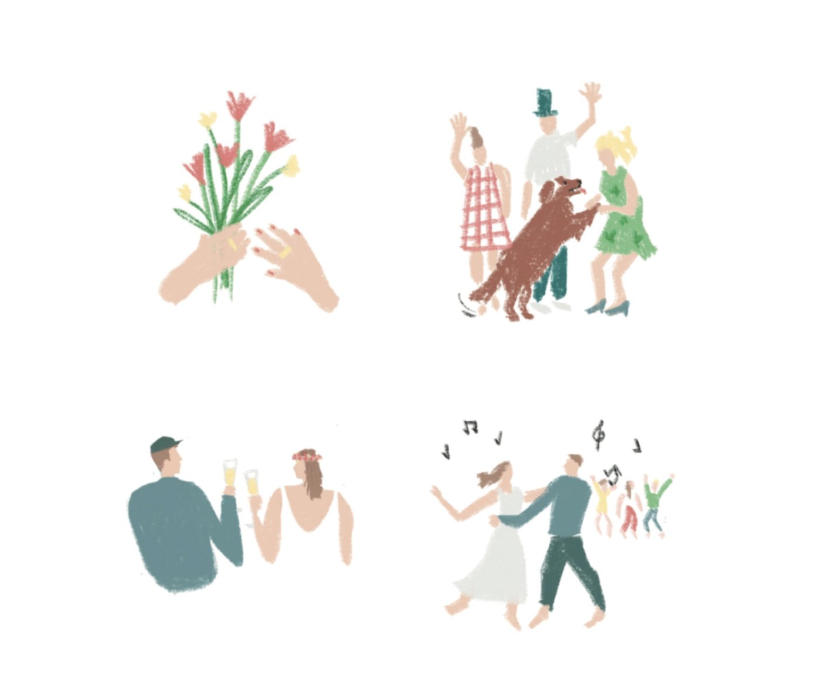 trouwuitnodiging van Emma met kleine tekeningen over dansen, receptie hondjes en ceremonie