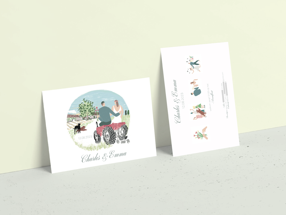 trouwkaartje voor Charles en Emma met kleine tekeningen