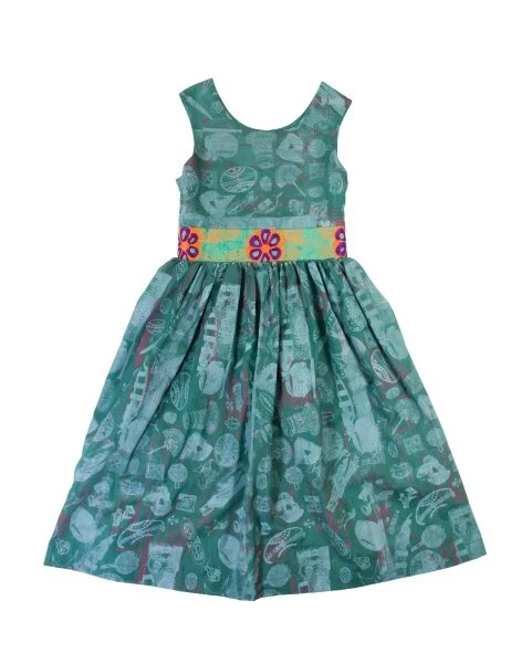 Girls Embroidery Green Multi Sleeveless Dress