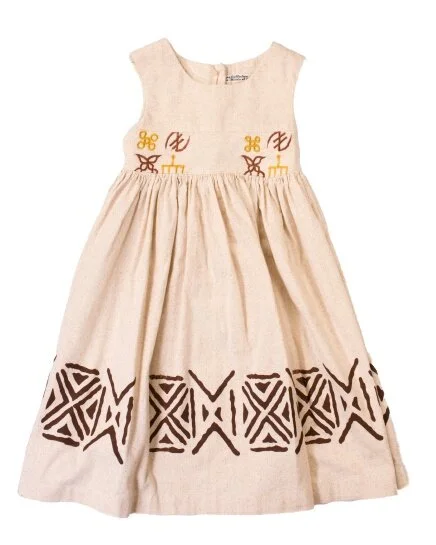 Girls Ivory & Brown Embroidery Sleeveless Dress