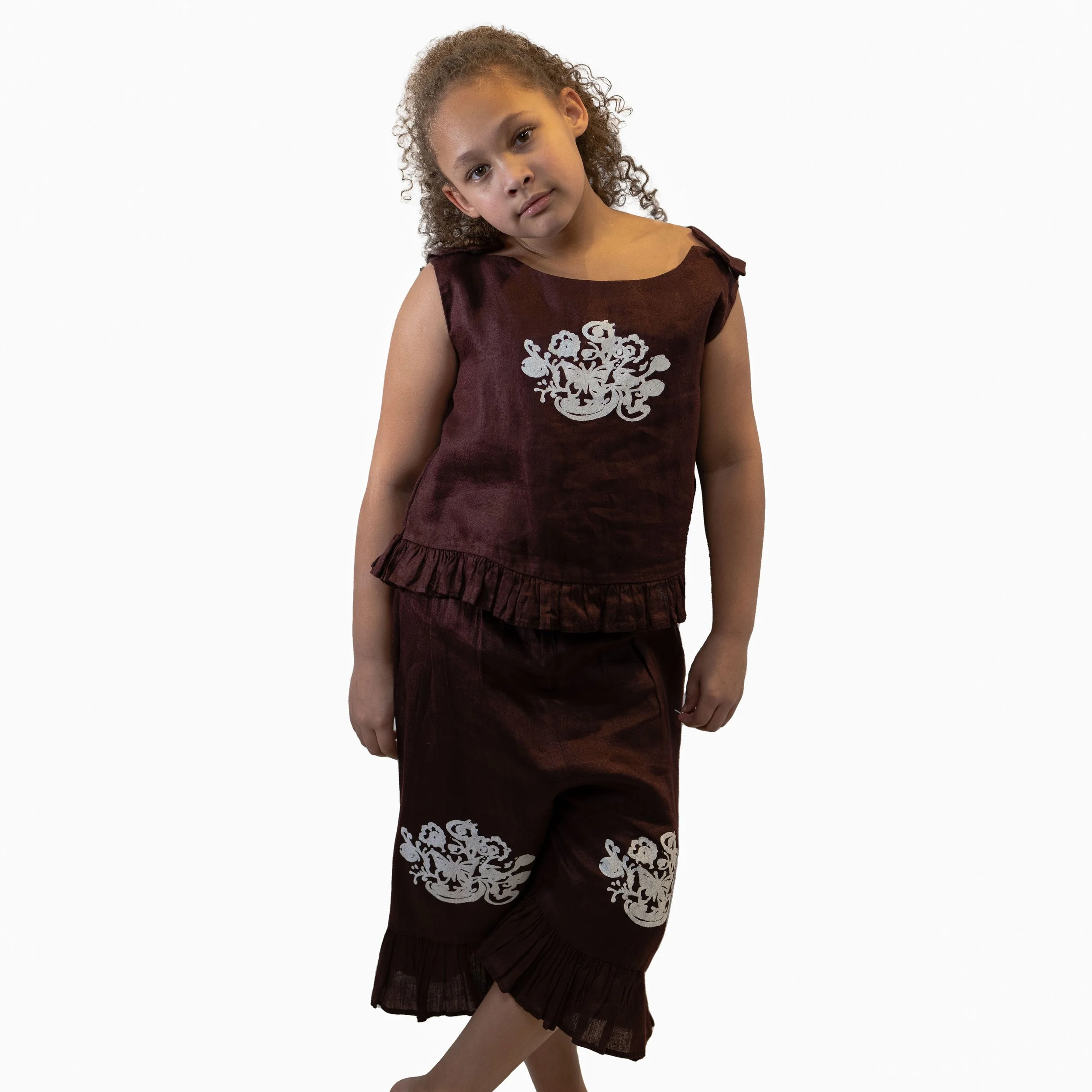 PERA Print River of Life & Flower/Butterfly African Two-Piece Ruffle Summer Short Set 100% Cotton Girls Toddlers