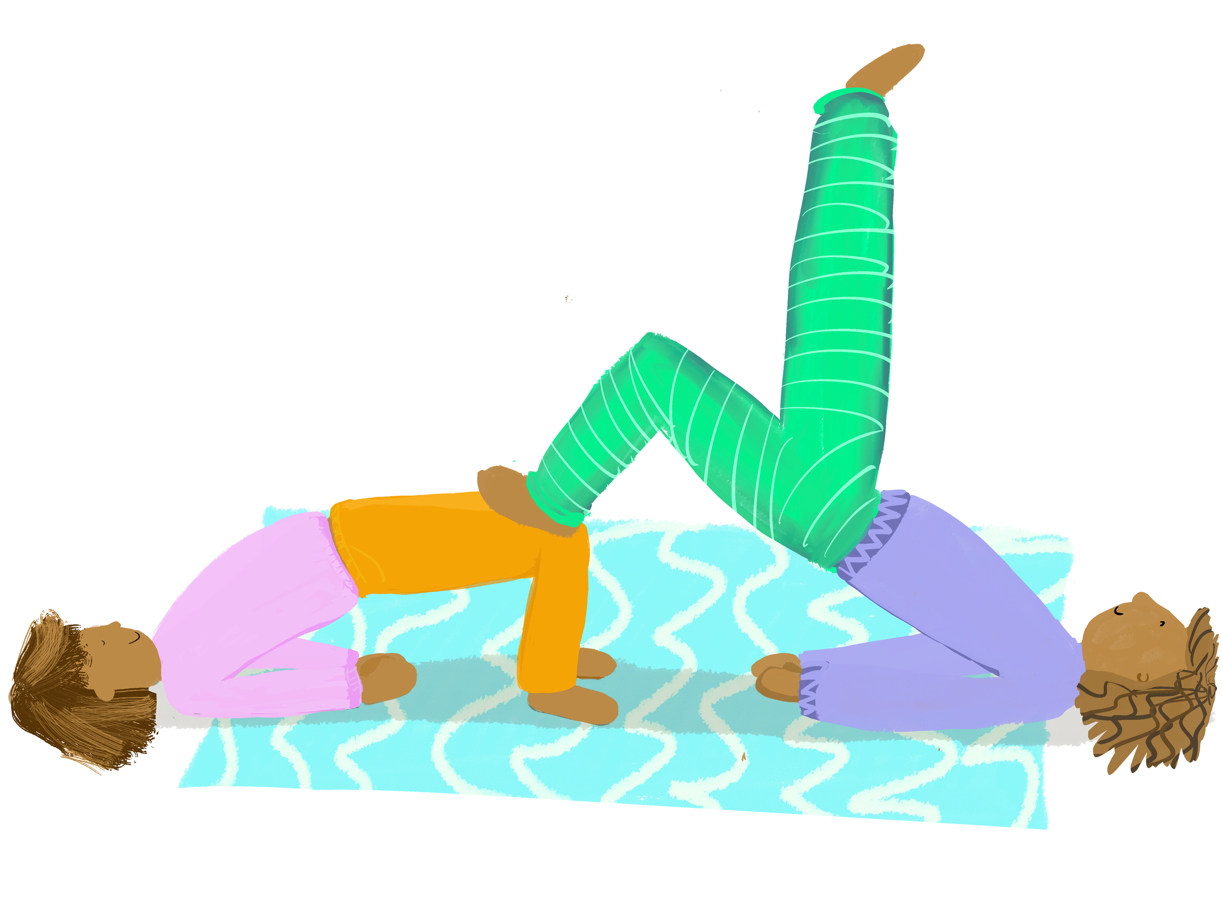 Two children lying on a blue patterned rug, with one in a headstand position and the other in a bridge pose, practicing yoga.