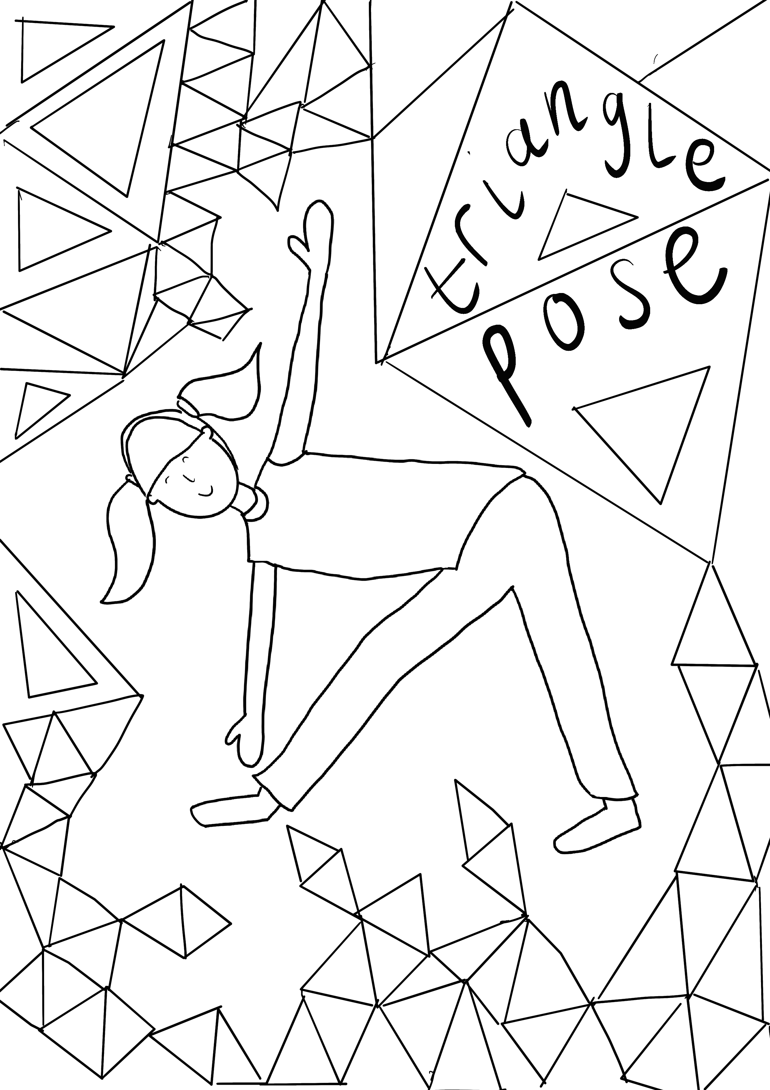 A line drawing of a girl in a stretch pose with her hand reaching up, surrounded by geometric patterns of triangles. The words "triangle pose" are written in a triangle shape in the upper right corner.