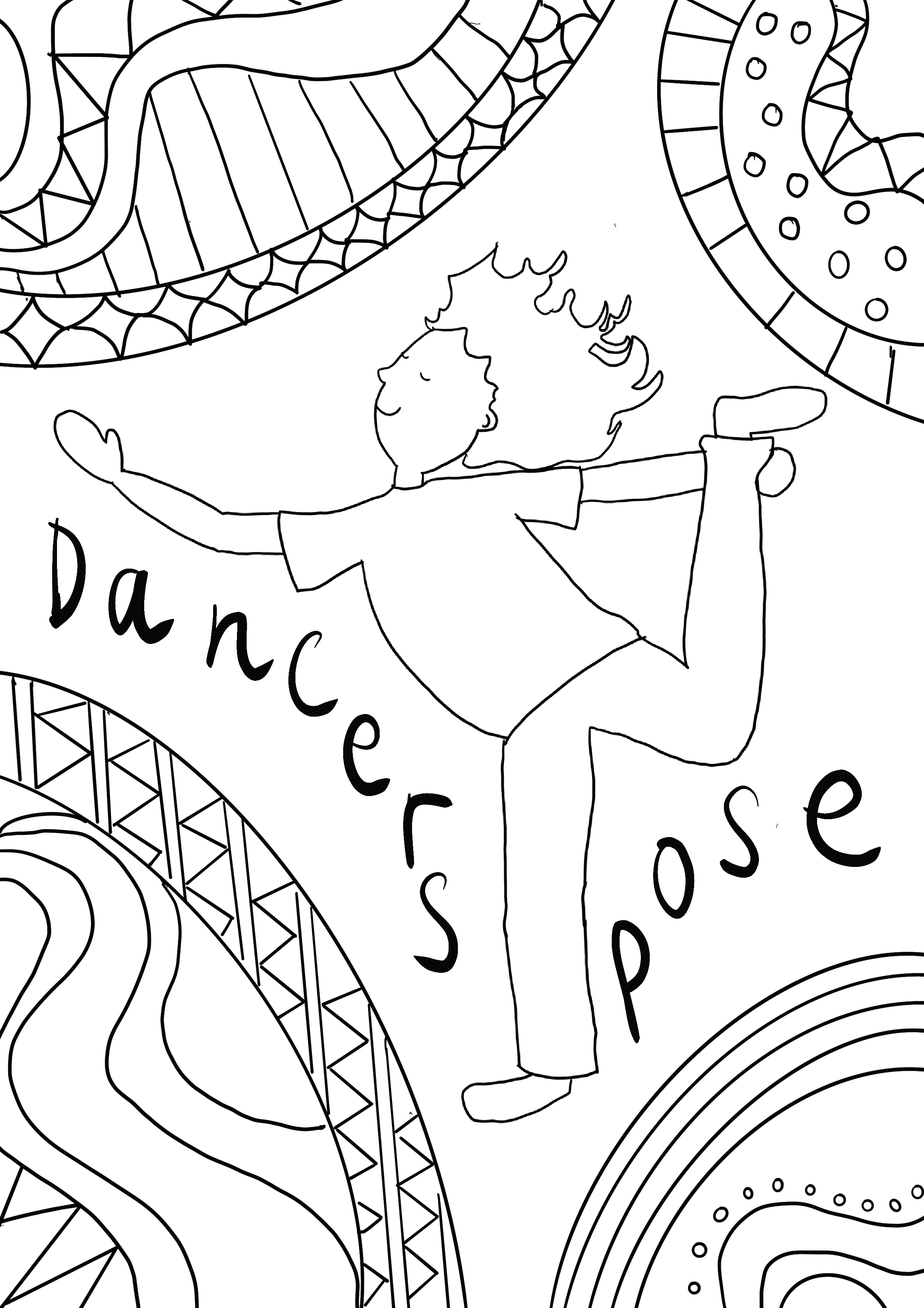 A line drawing of a girl dancing, with her hair flying and one leg bent behind her. The word 'Dancers' is written to the left of her, and the word 'pose' is written to the right. Various abstract patterns and shapes surround her.