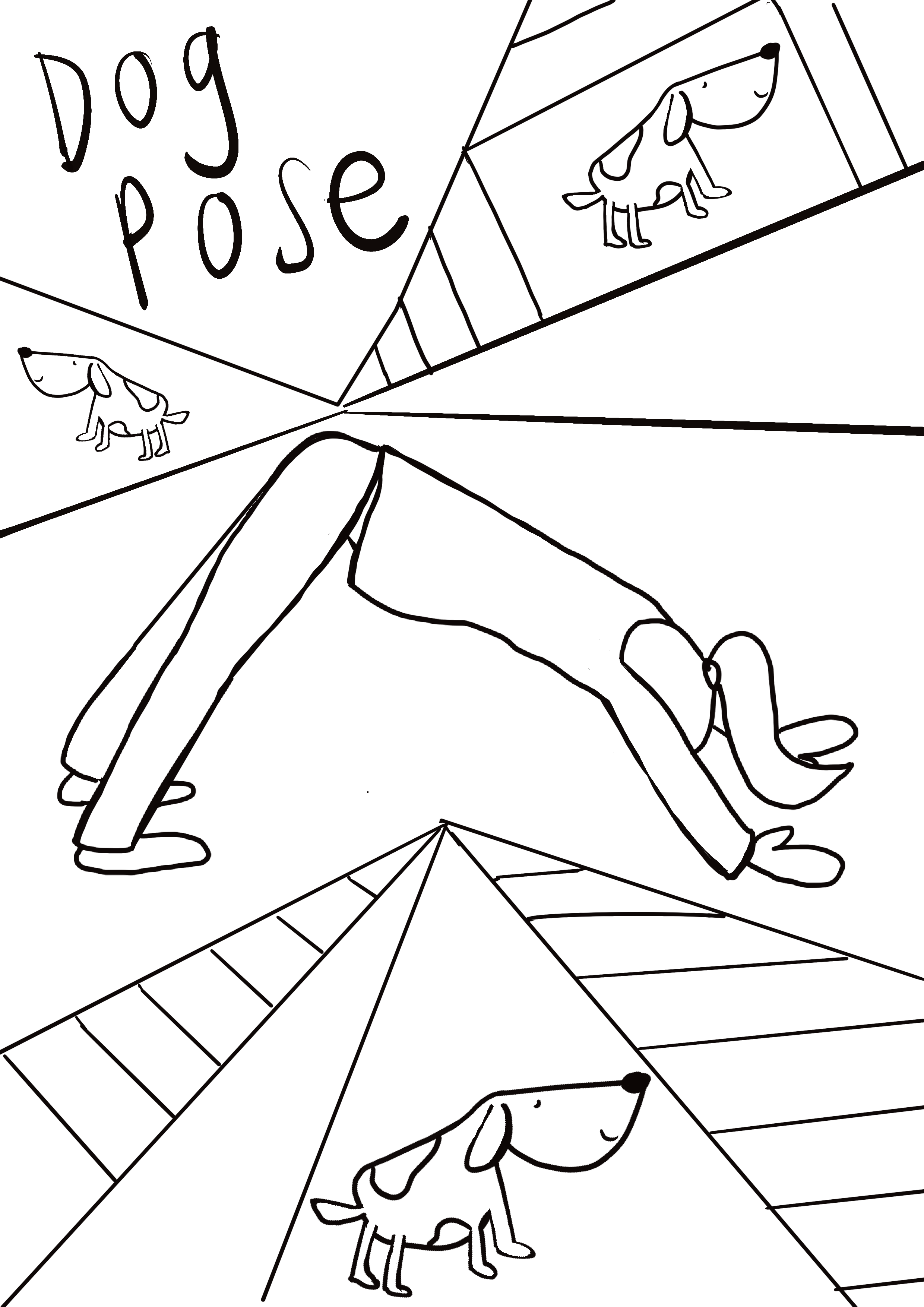 A black and white line drawing of a dog in different poses, including a downward facing pose with its paws on the ground and arched back, and a side profile with smiling face. The words "Dog pose" are written in playful text at the top left corner.