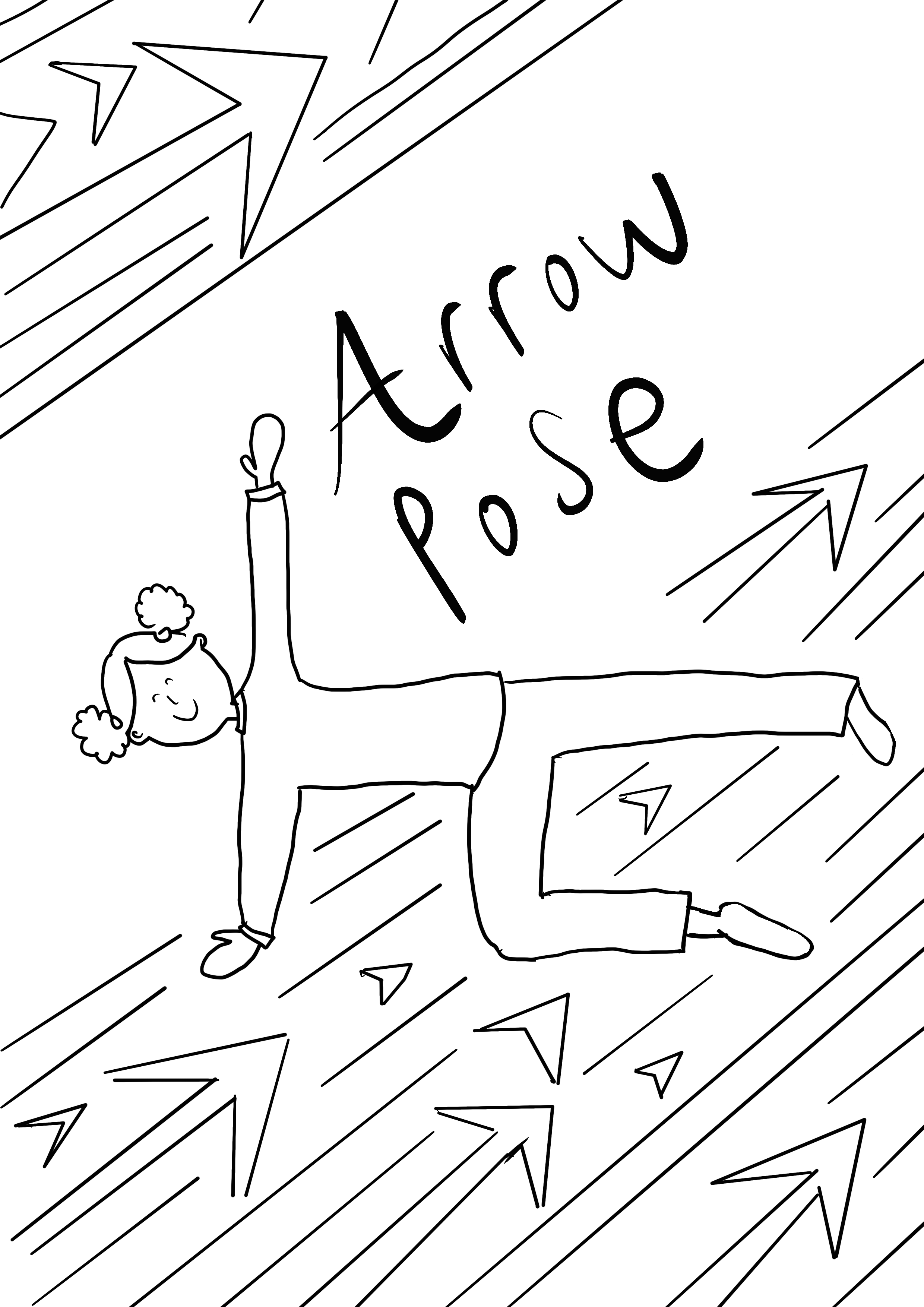 Line drawing of a girl with pigtails, smiling and holding one arm up, lying on the floor surrounded by arrows and the words 'Arrow Pose' in the center.