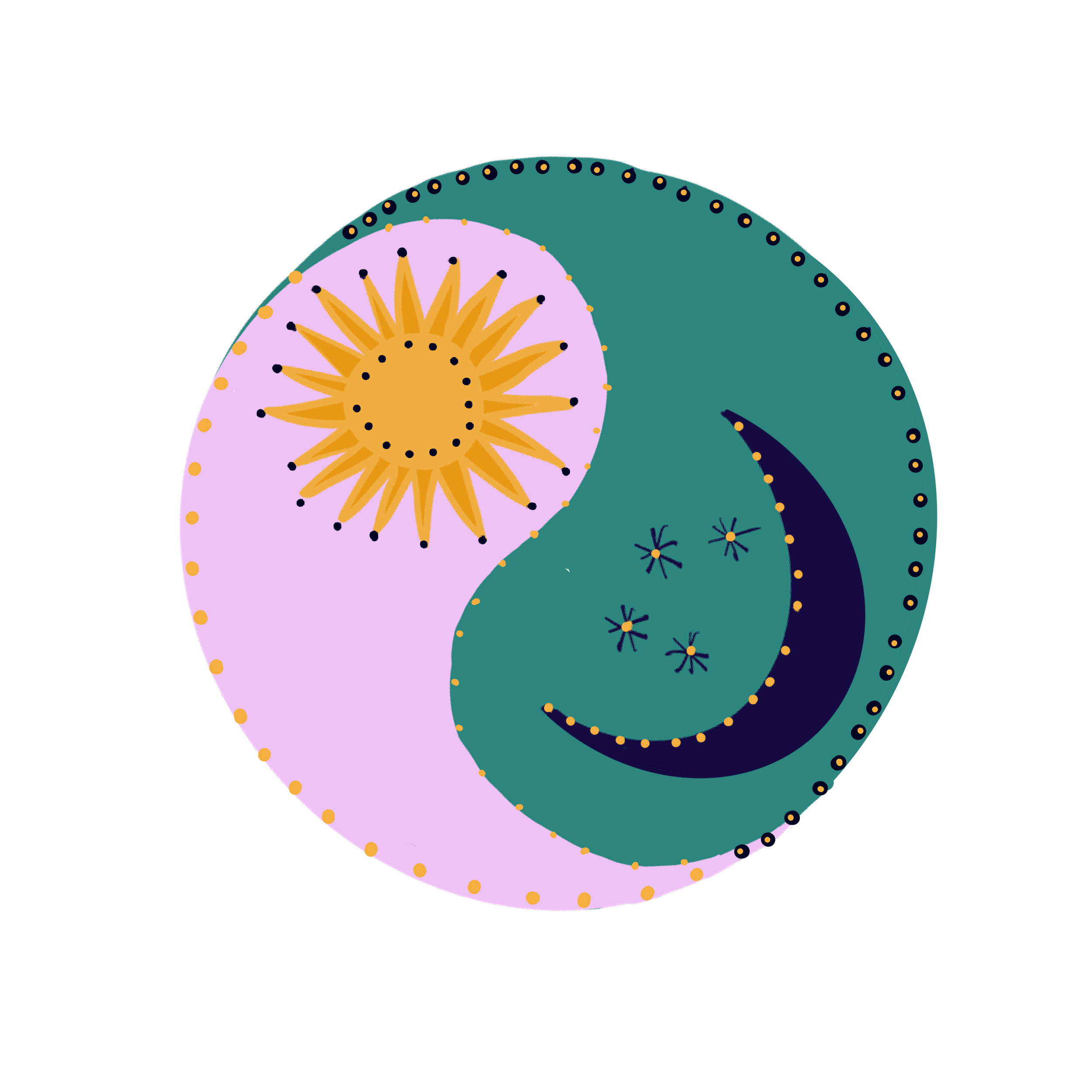 A decorative circle featuring a stylized sun with orange rays and black dots on a pink background, and a dark teal crescent moon with small star-like shapes around it.