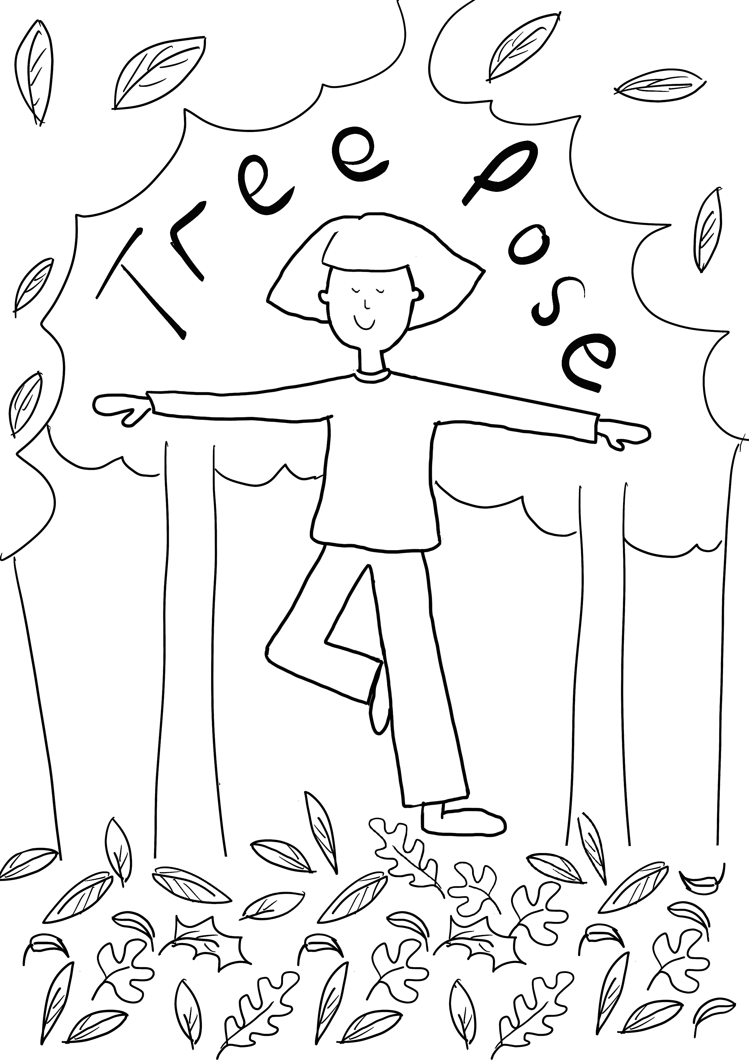 A line drawing of a person with short hair standing among trees and fallen leaves, with arms outstretched and one leg raised. The words "Tree pose" are written above in curved letters.
