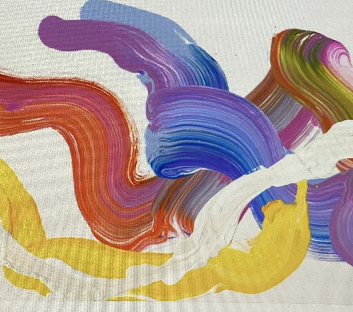 Abstract painting featuring vibrant, swirling brushstrokes in purple, blue, red, yellow, orange, and white colors.